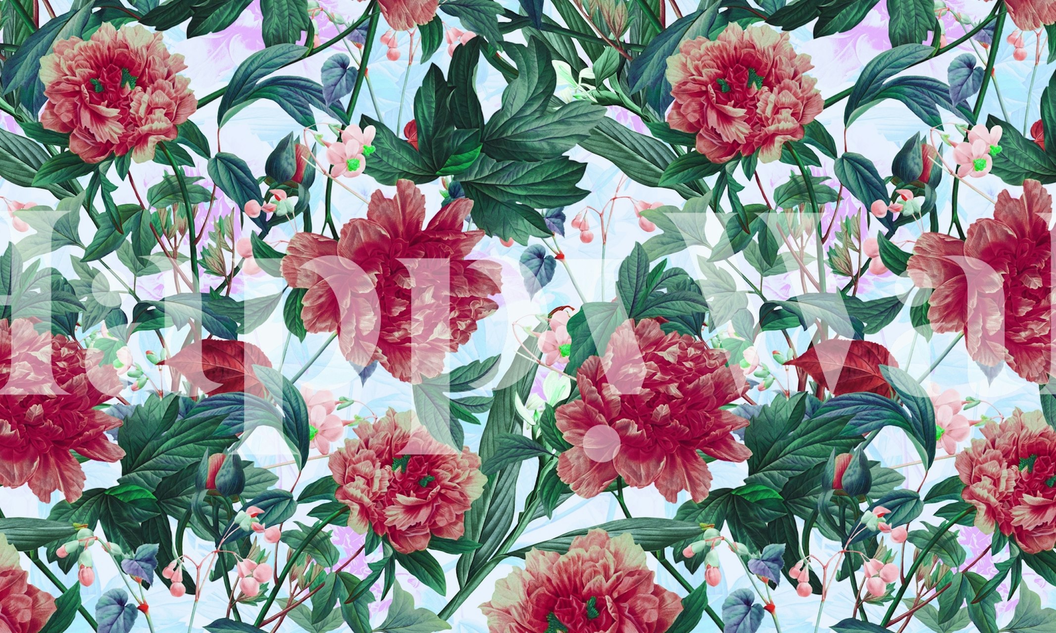 Pink peonies and vibrant leaves floral wallpaper