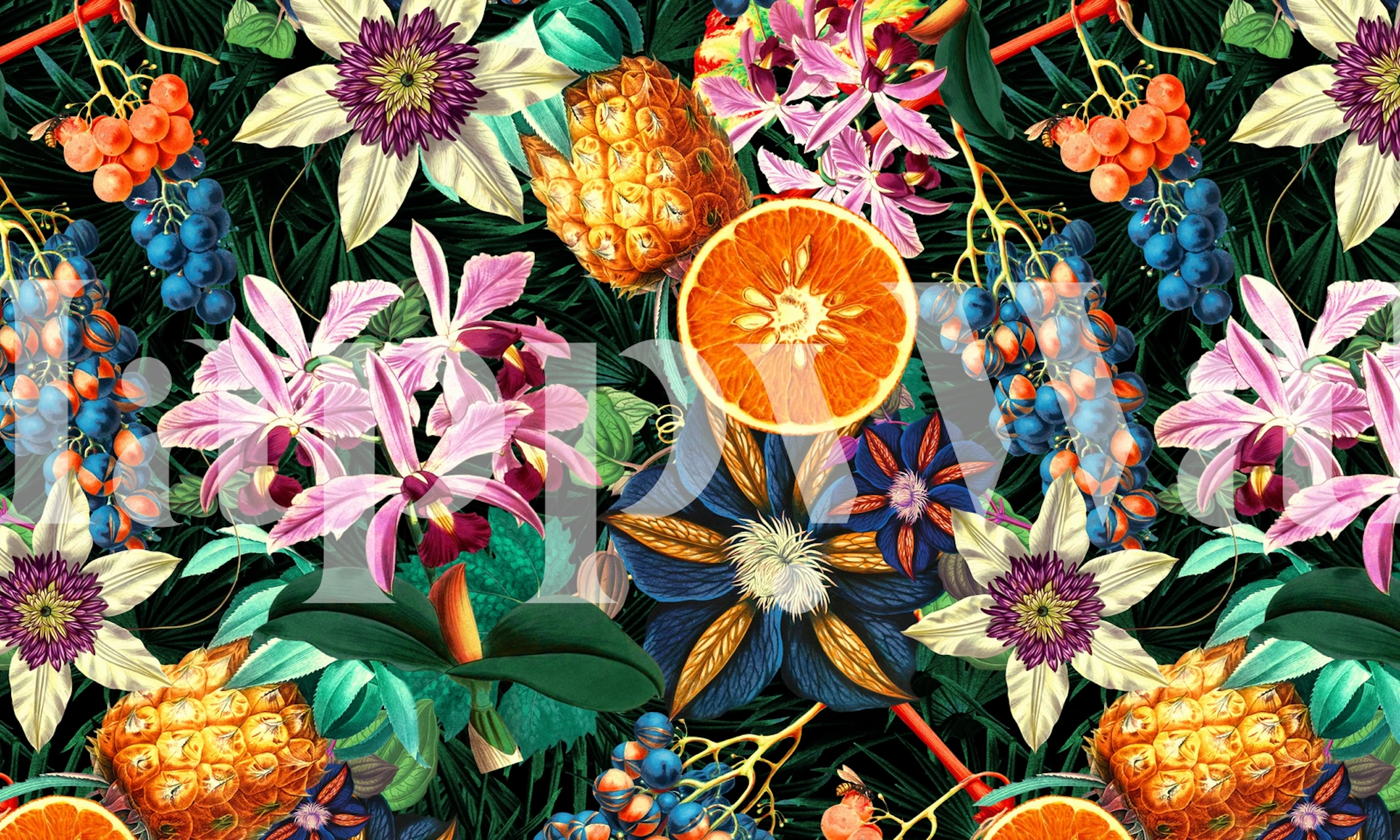 Colorful tropical floral design featuring orange slices, lilies, and berries wallpaper