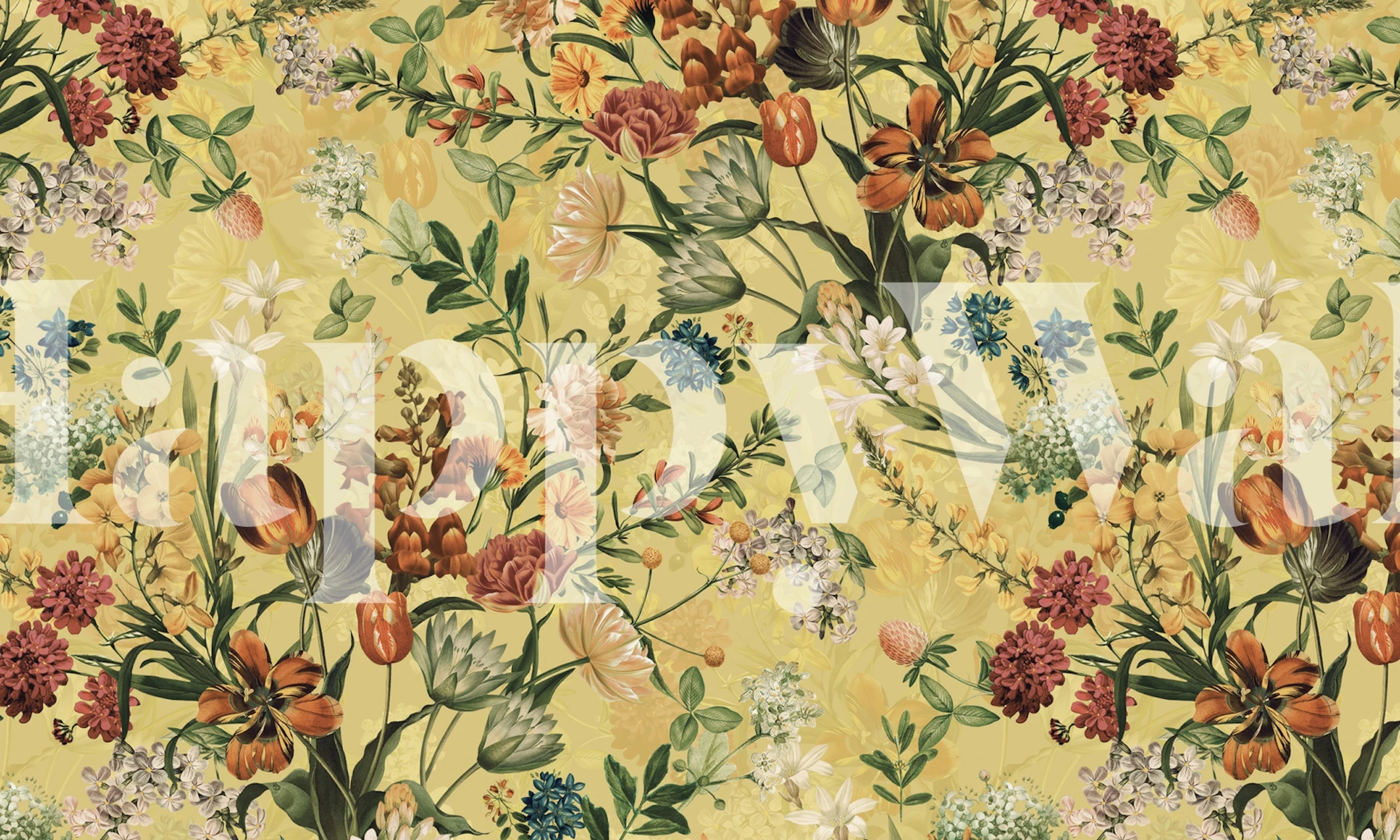 Vintage floral botanical wall mural with various flowers in lush colors