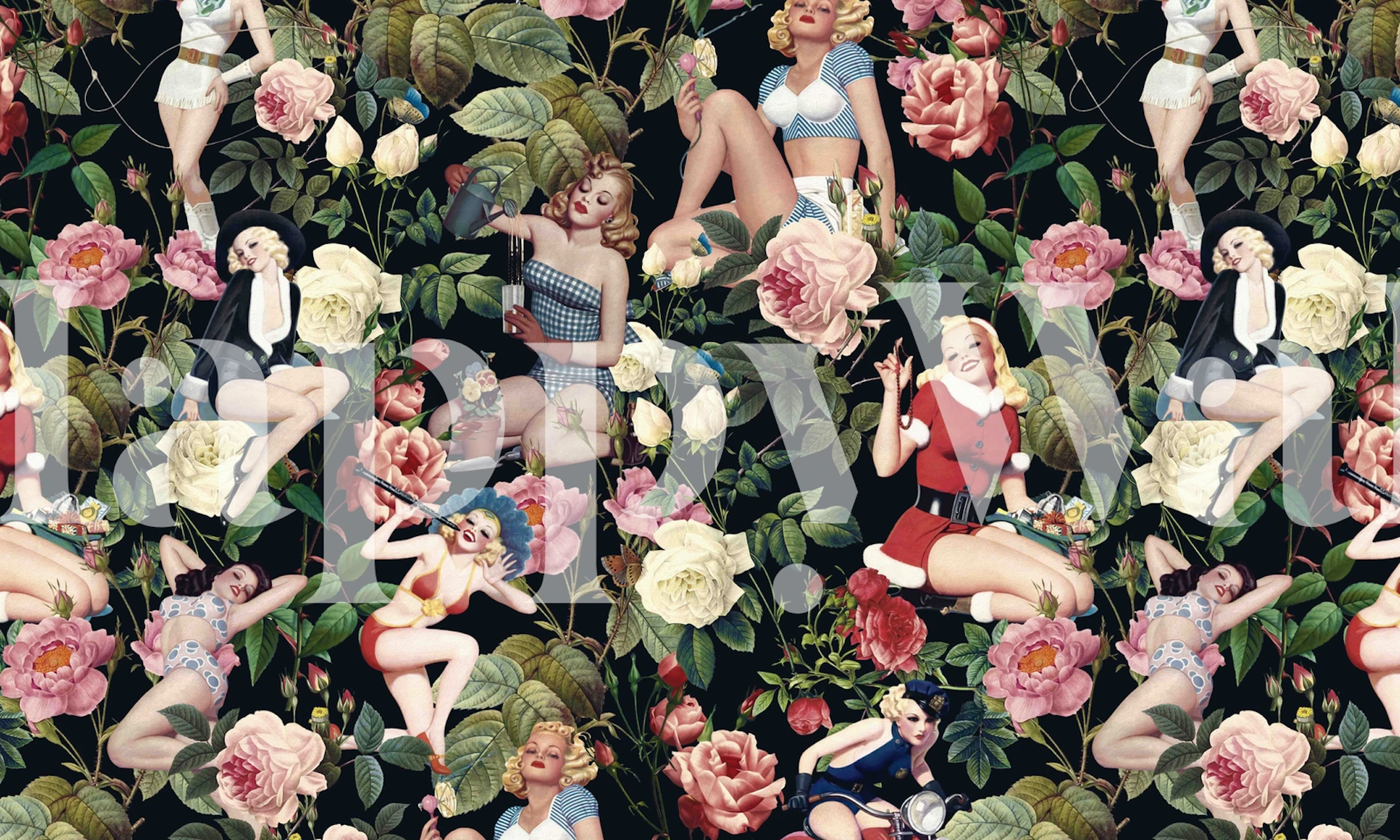 Colorful floral patterns with pin-up girls printed wallpaper