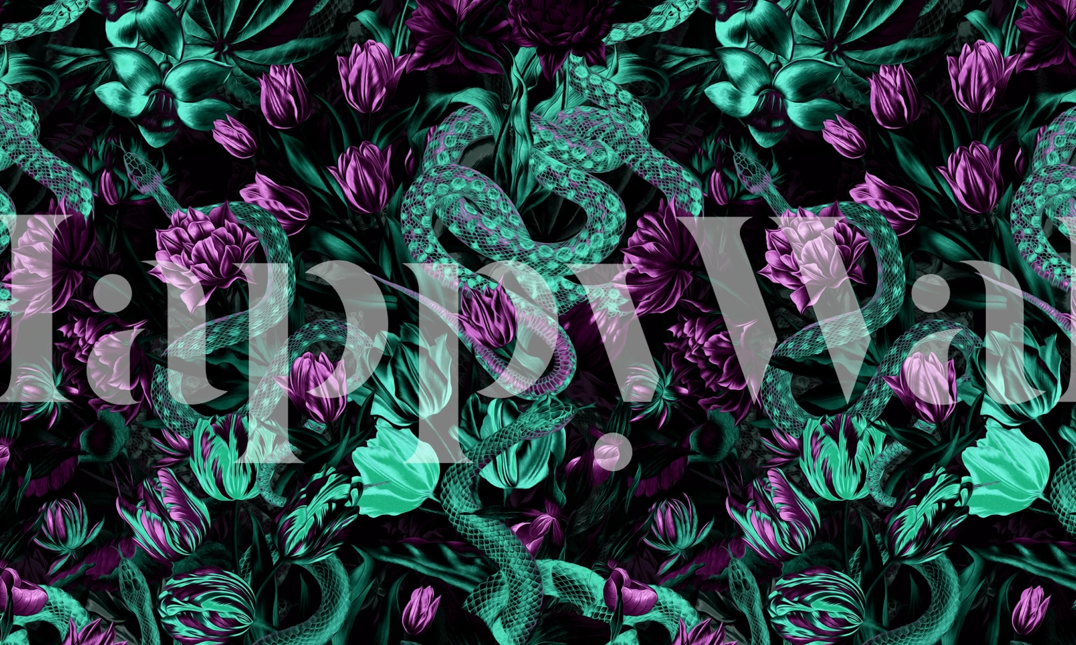 Floral and snake design featuring purple flowers and green snakes wallpaper