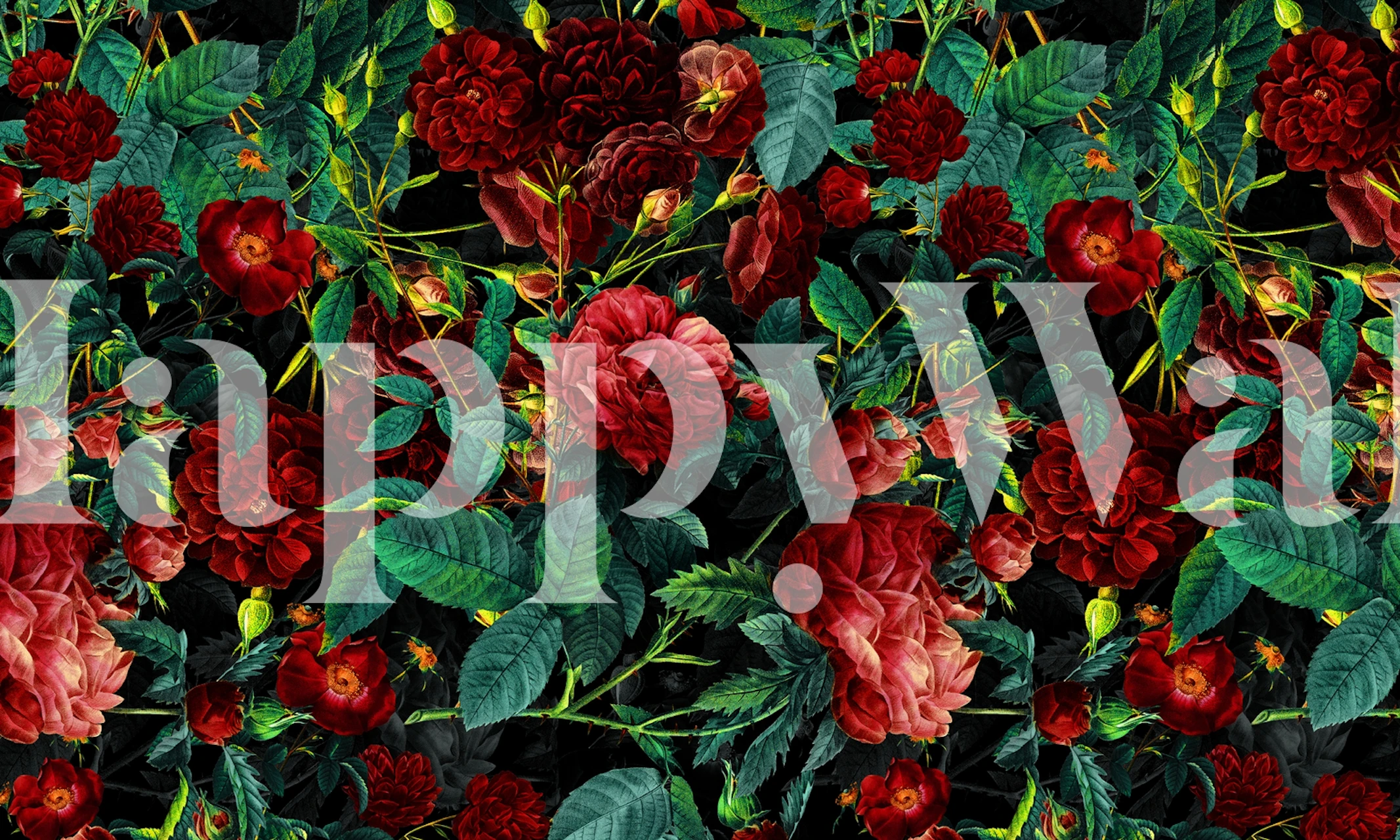 Blooming red roses wall mural with lush greenery for home decor