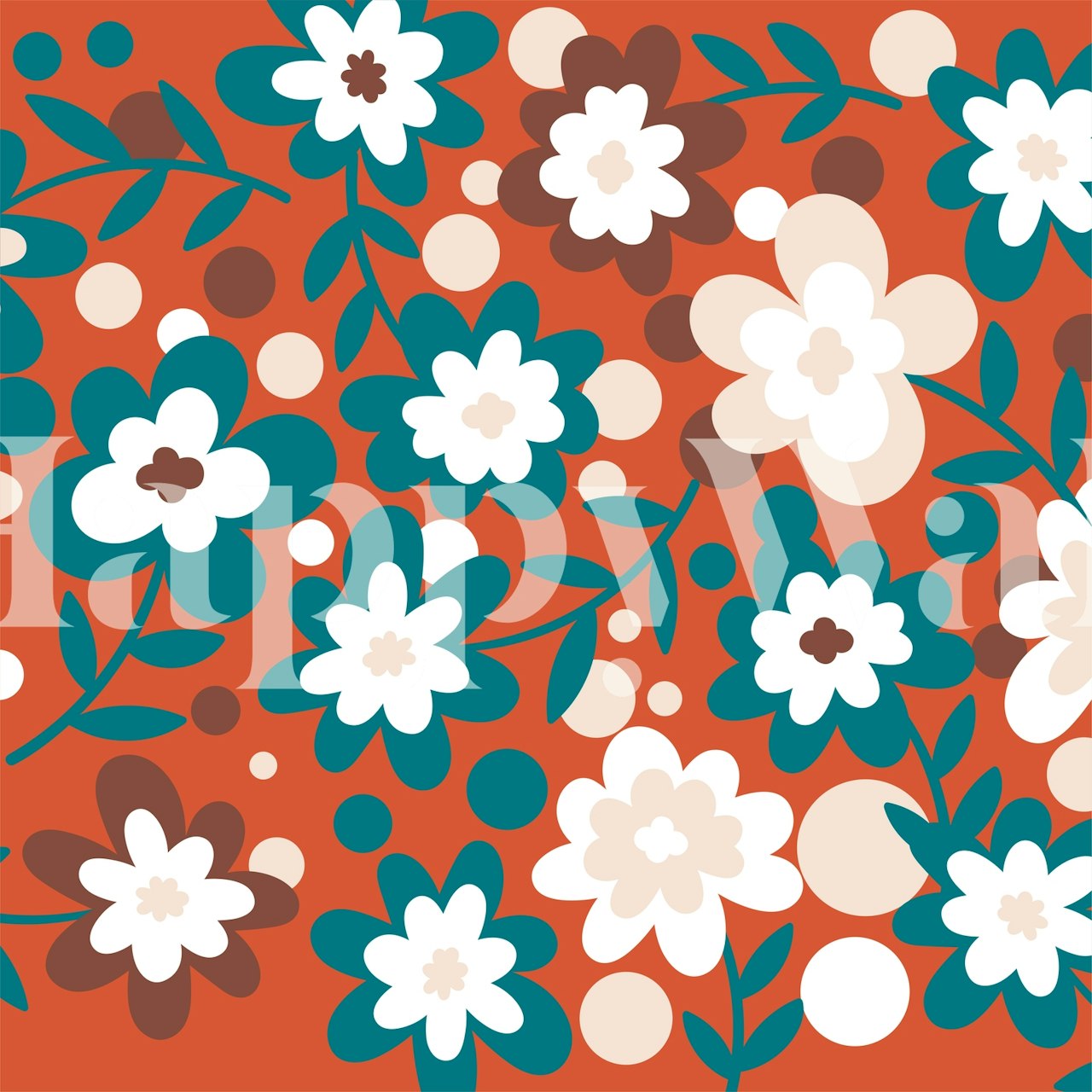 Bright retro floral pattern with teal, white, and brown flowers on orange background wallpaper.