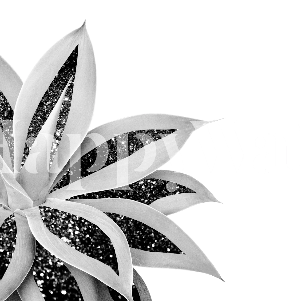 Monochrome agave wall mural with glitter details