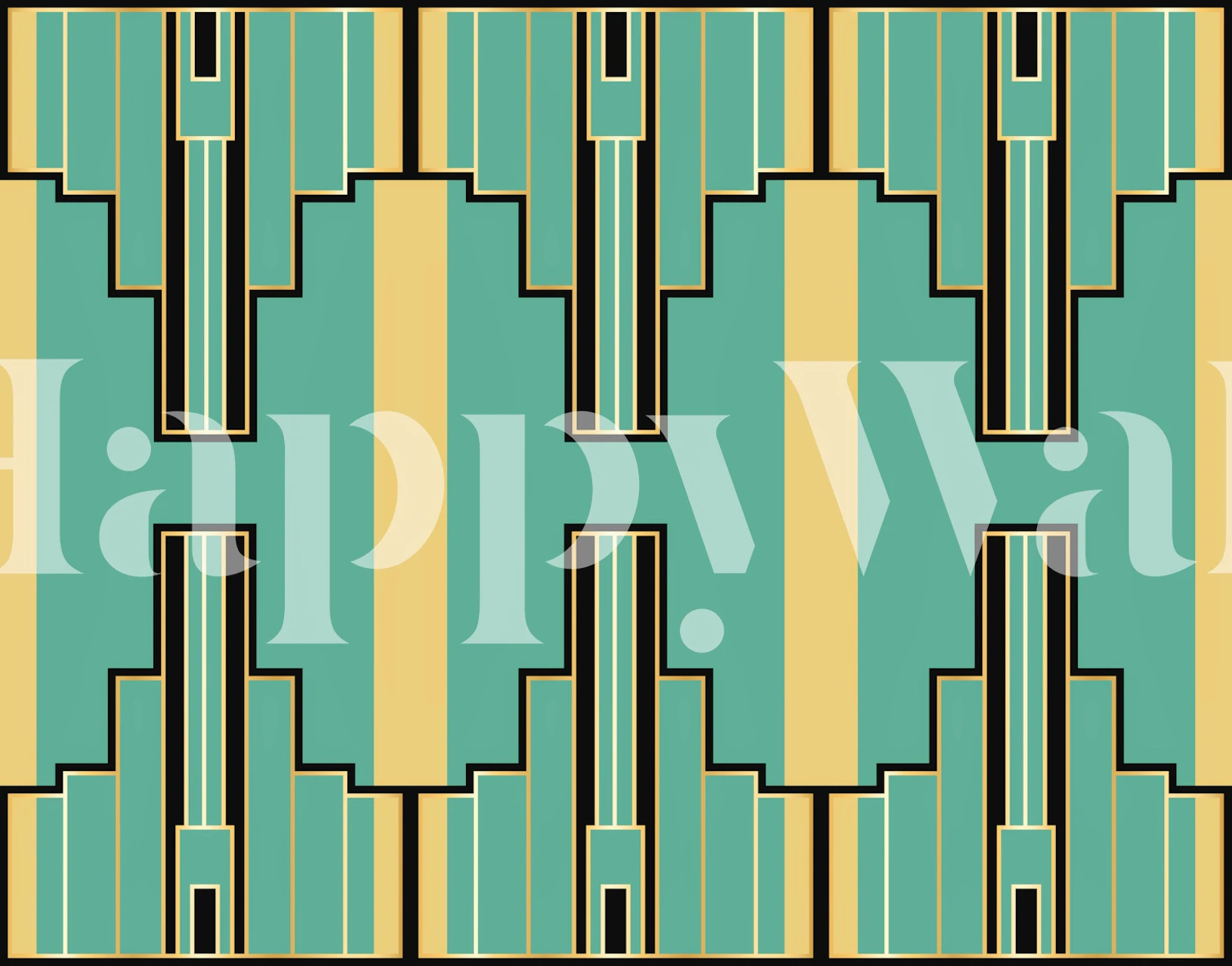 Art Deco Spring wall mural with geometric patterns in jade green and gold