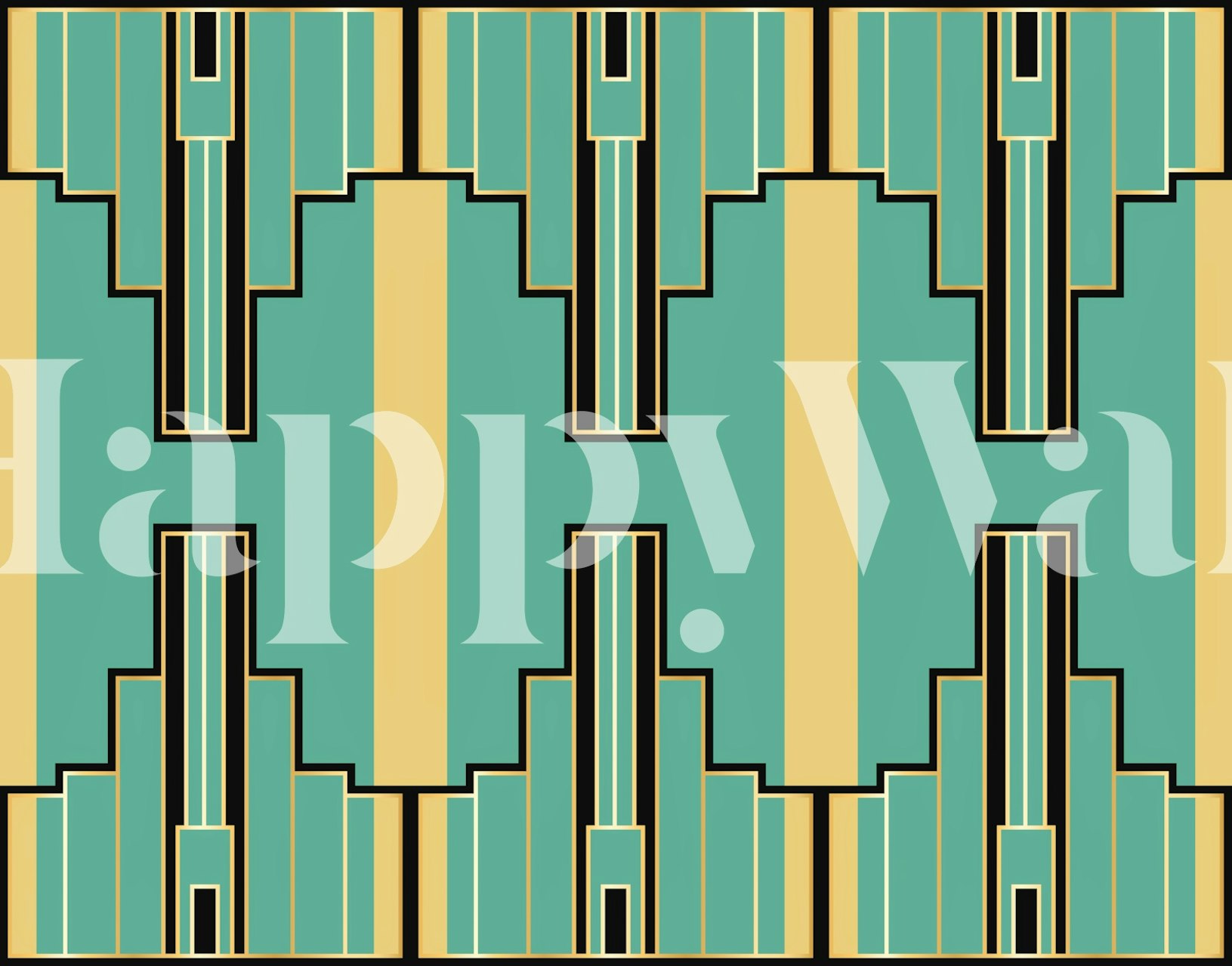 Art Deco Spring wall mural with geometric patterns in jade green and gold