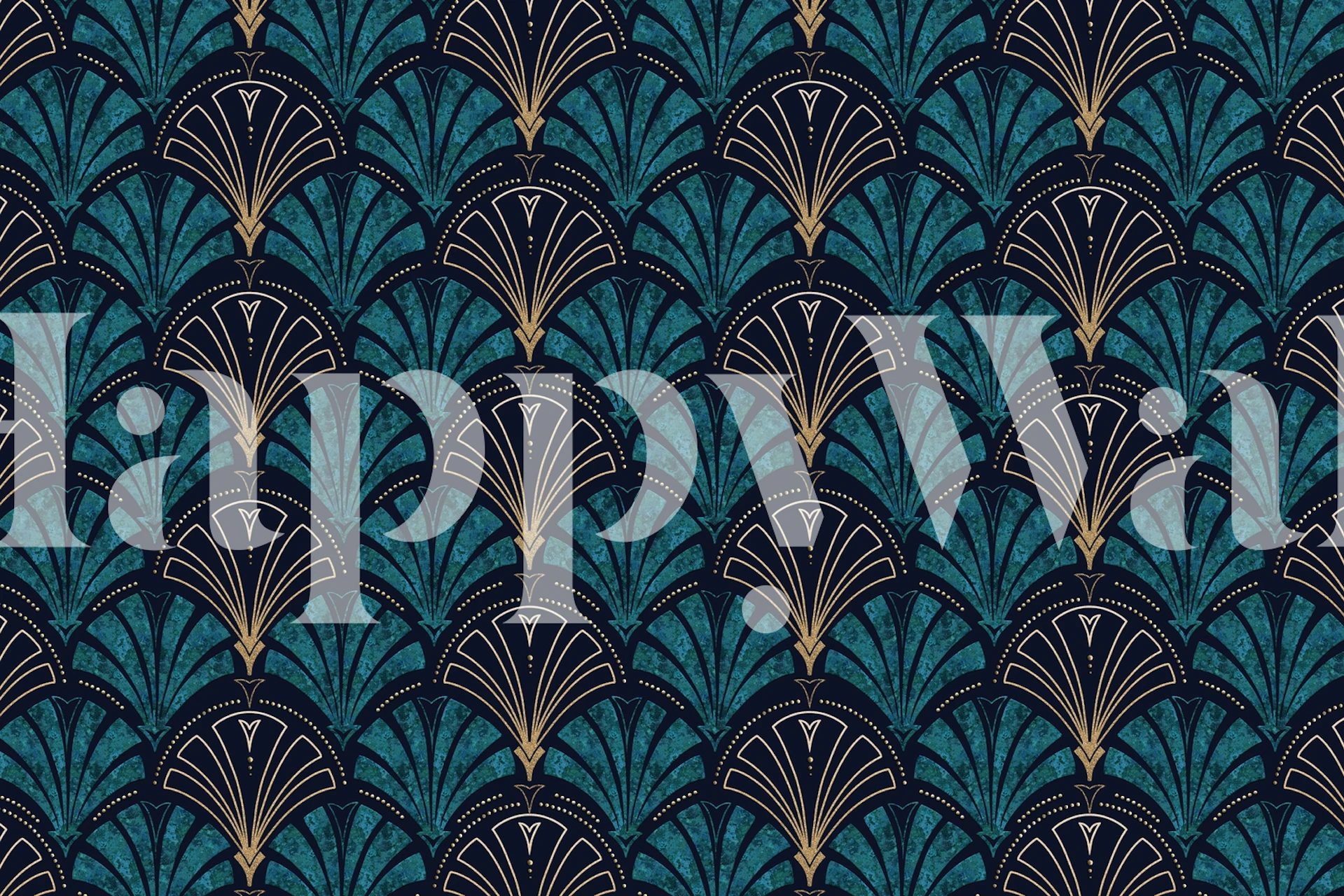 Art deco wallpaper featuring gold and teal fan patterns