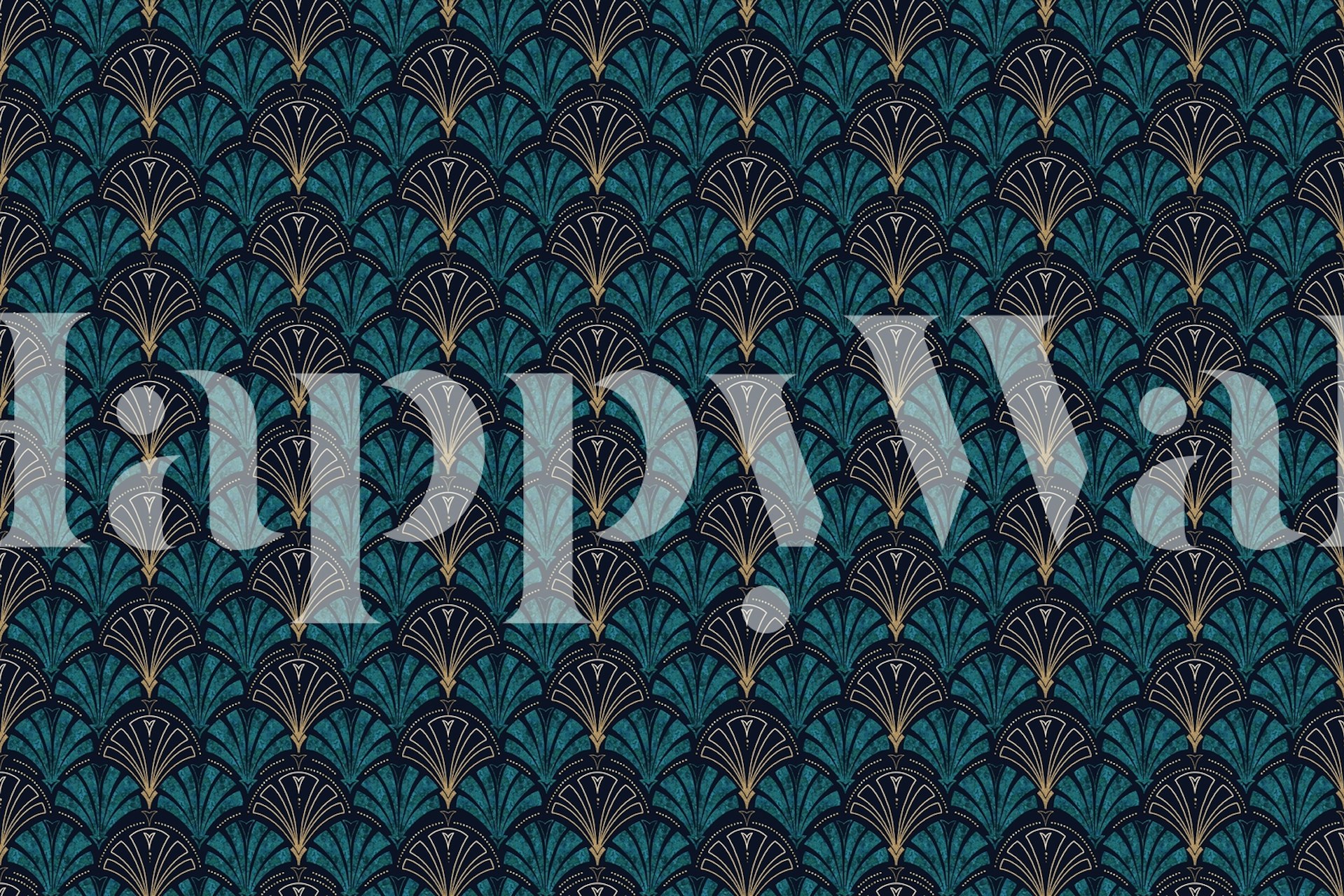 Art Deco pattern in gold and teal on dark background wallpaper