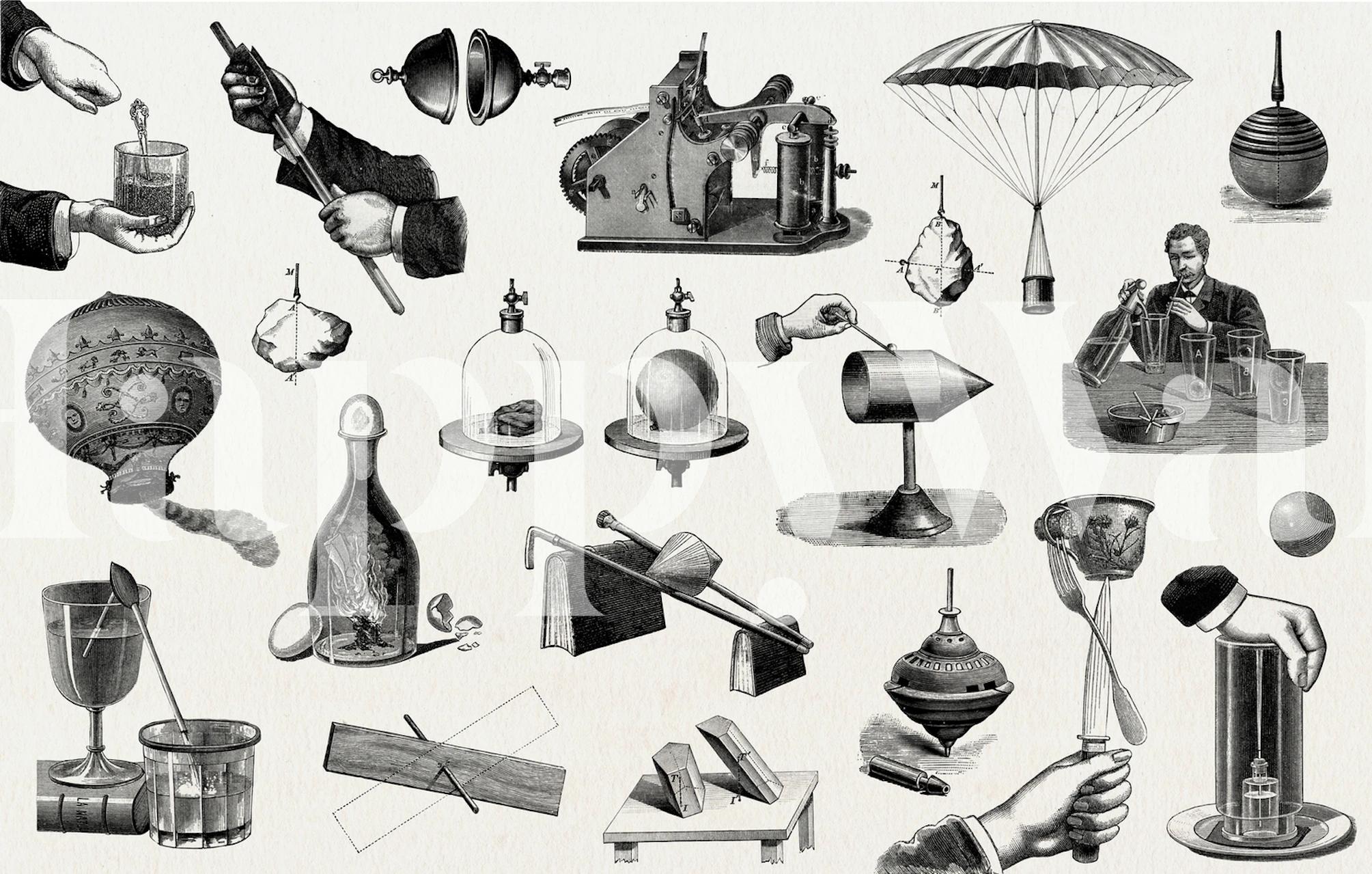 Vintage science-themed wallpaper with black and white illustrations of scientific instruments