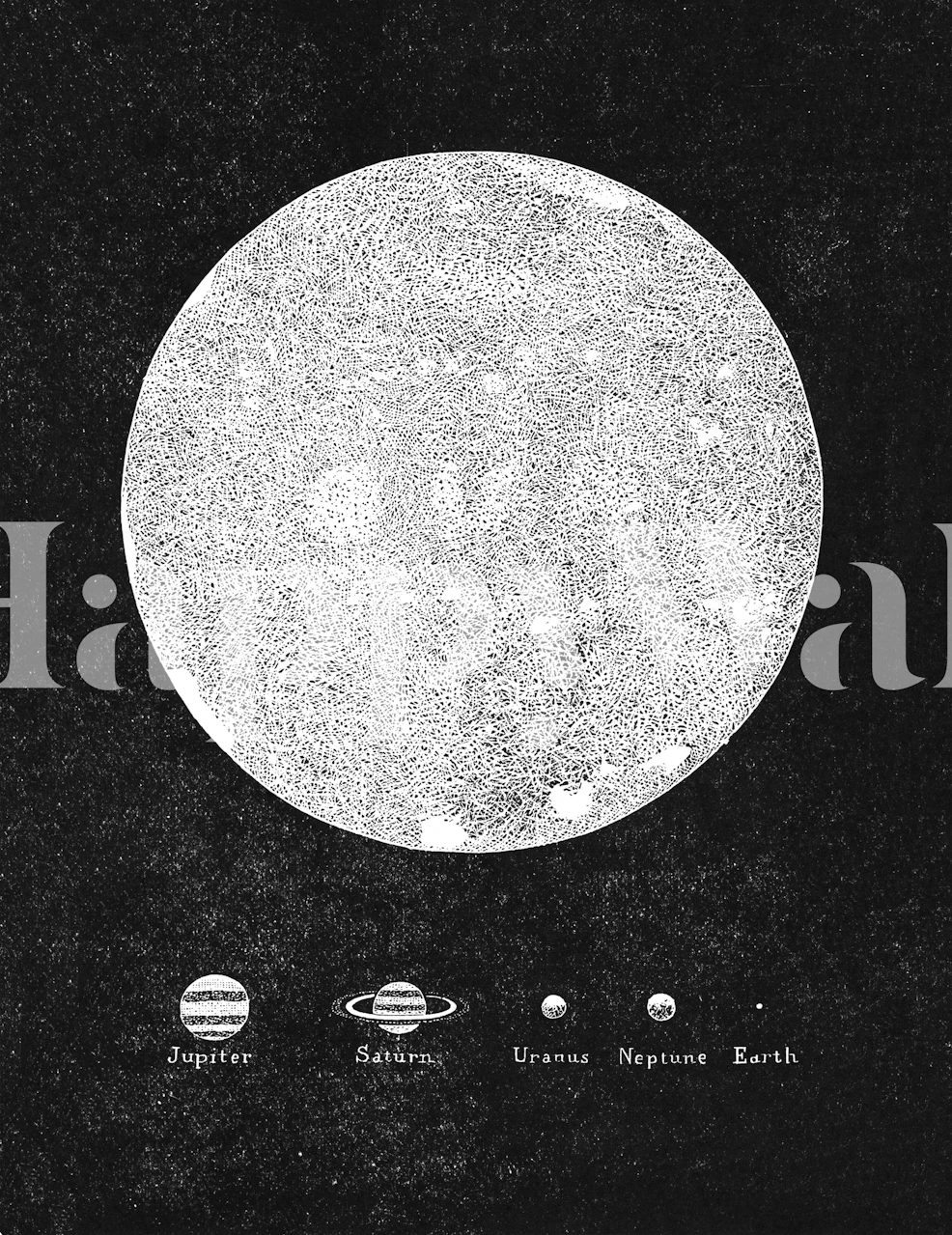 Celestial moon and planets design in black and white wallpaper