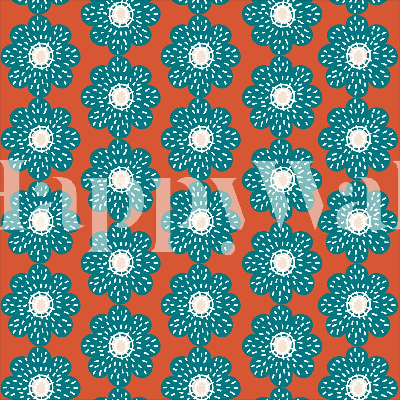 Teal floral pattern on an orange background wallpaper