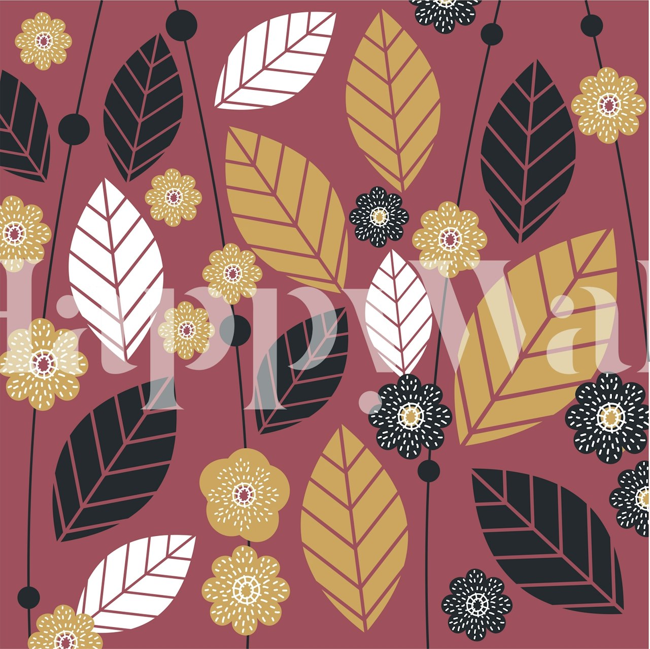 Mustard Burgundy Floral Wall tapet i et rom