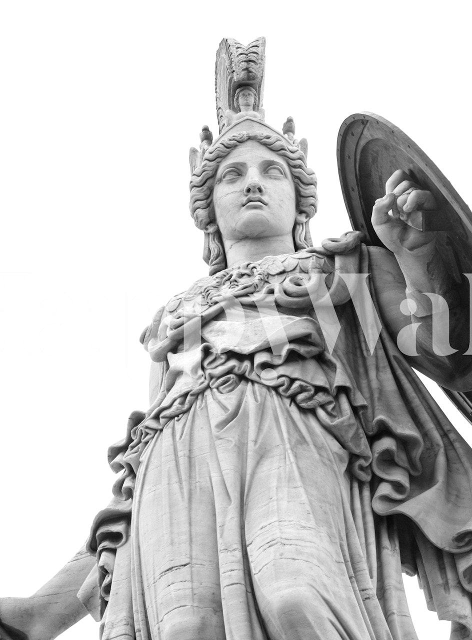 Statue of the Greek goddess Athena, symbolizing wisdom and strength, in a wall mural