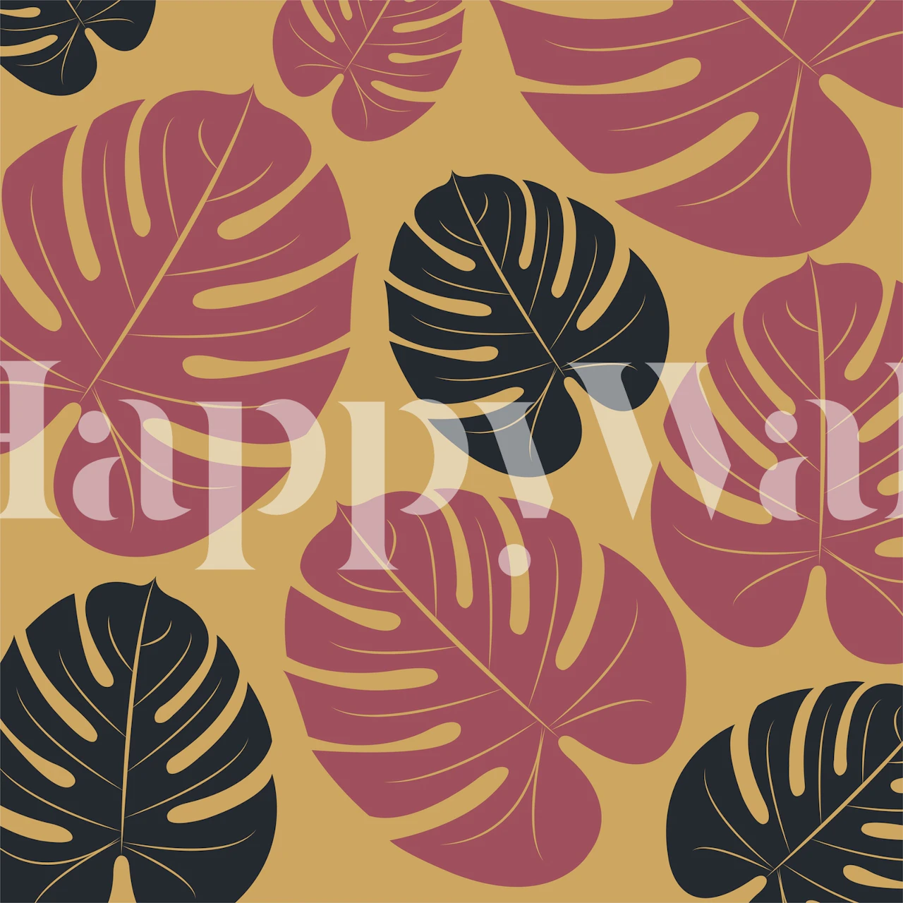 Stylizowane czarne liście palmowe na musztardowym tle z fototapetą z akcentami wina