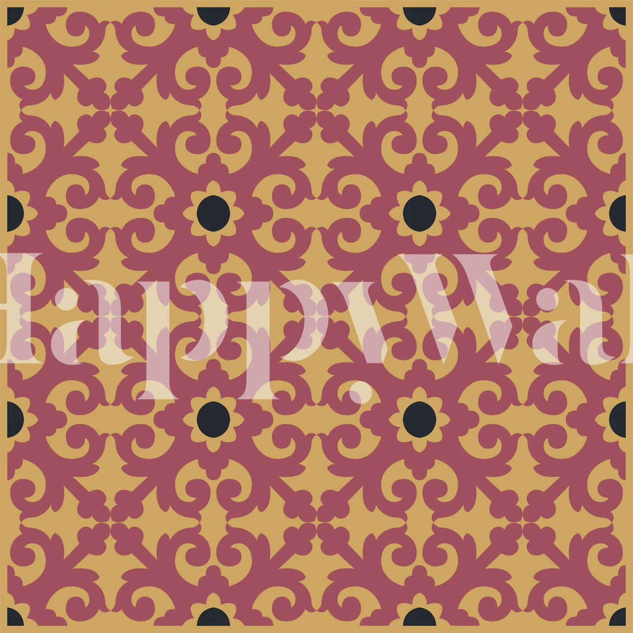 Muurschildering met Turkse kelim-patronen in saffraangele en rode wijntinten.