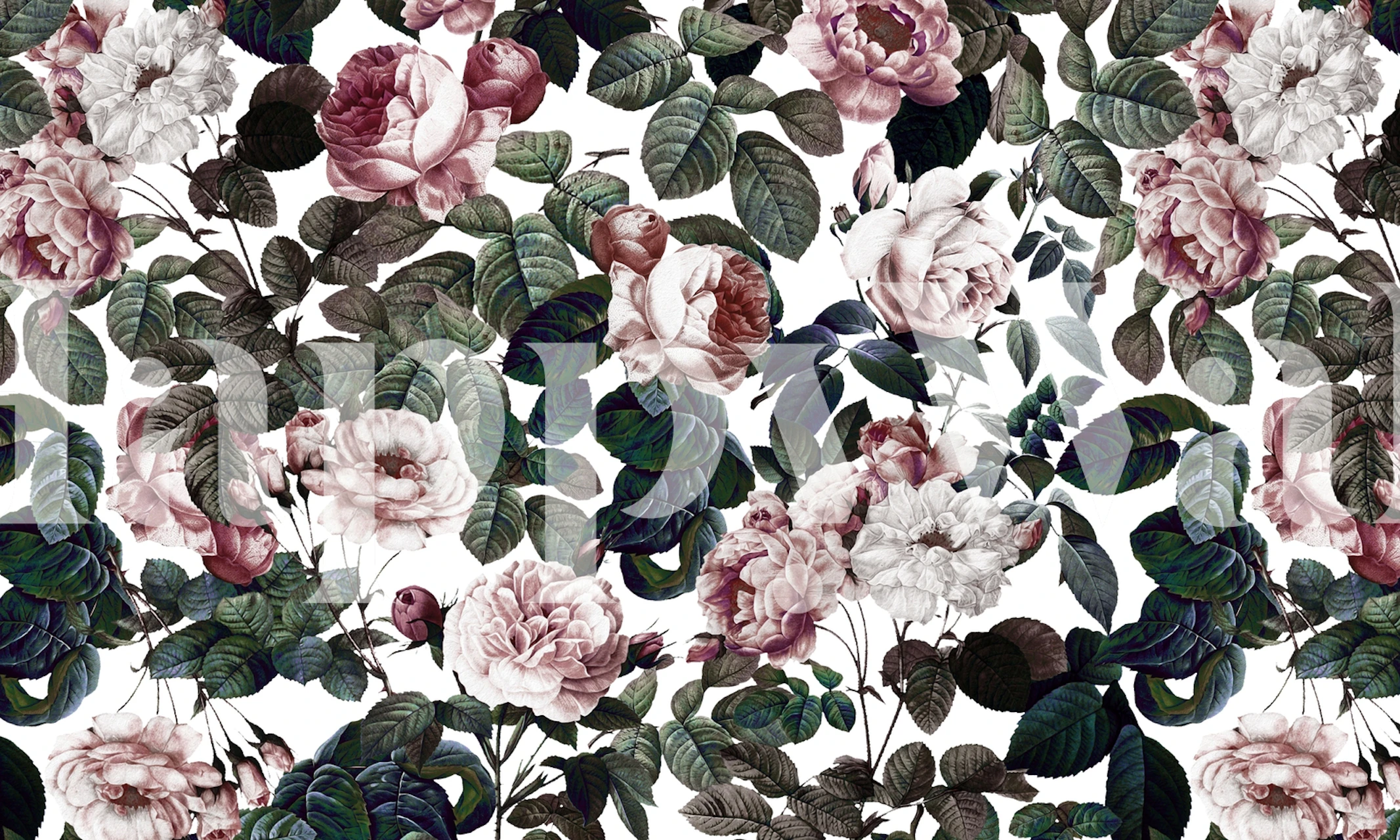 Vintage-inspirert blomstertapet med rosa blomster og grønne blader