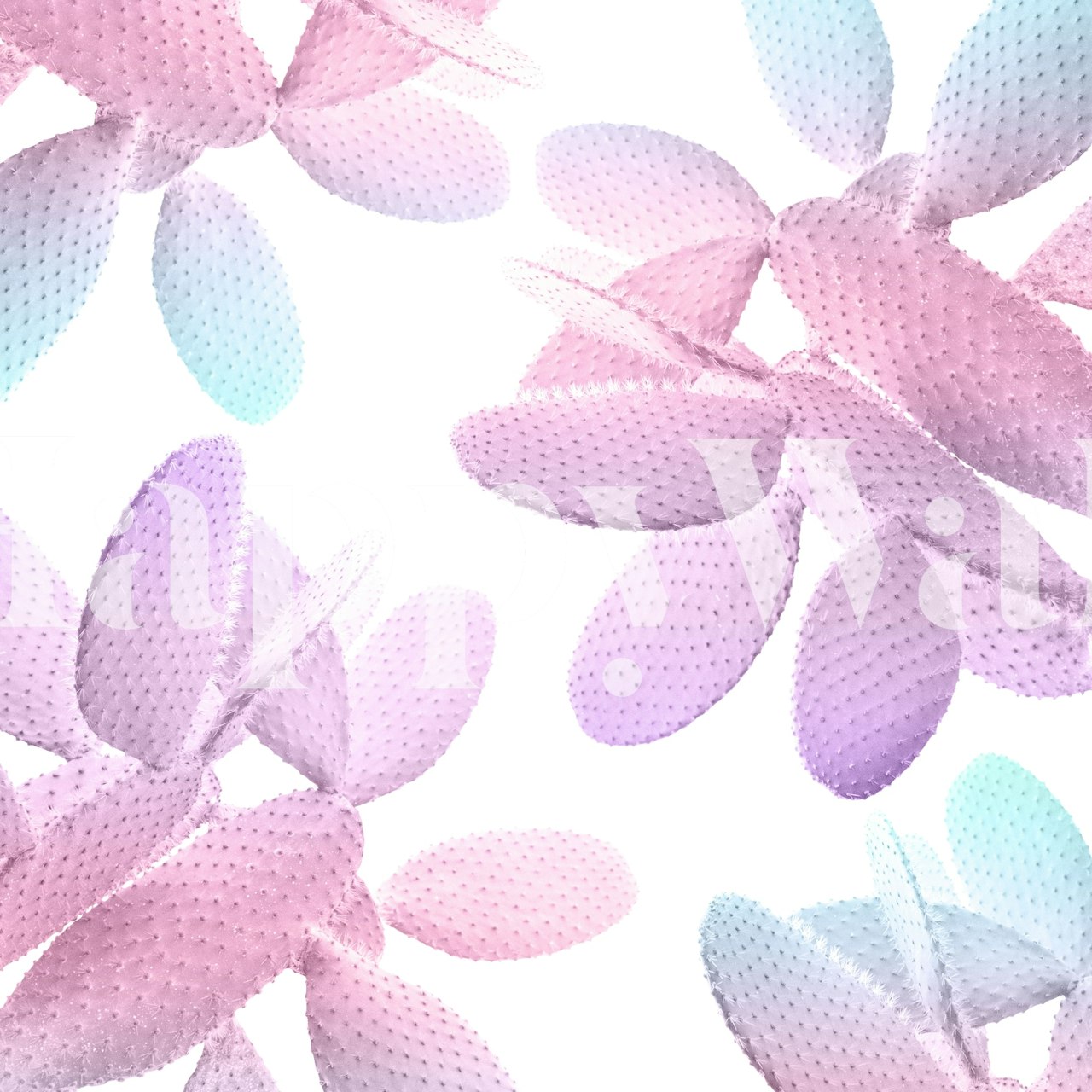 Pastel pink and purple cacti wallpaper with playful shapes.