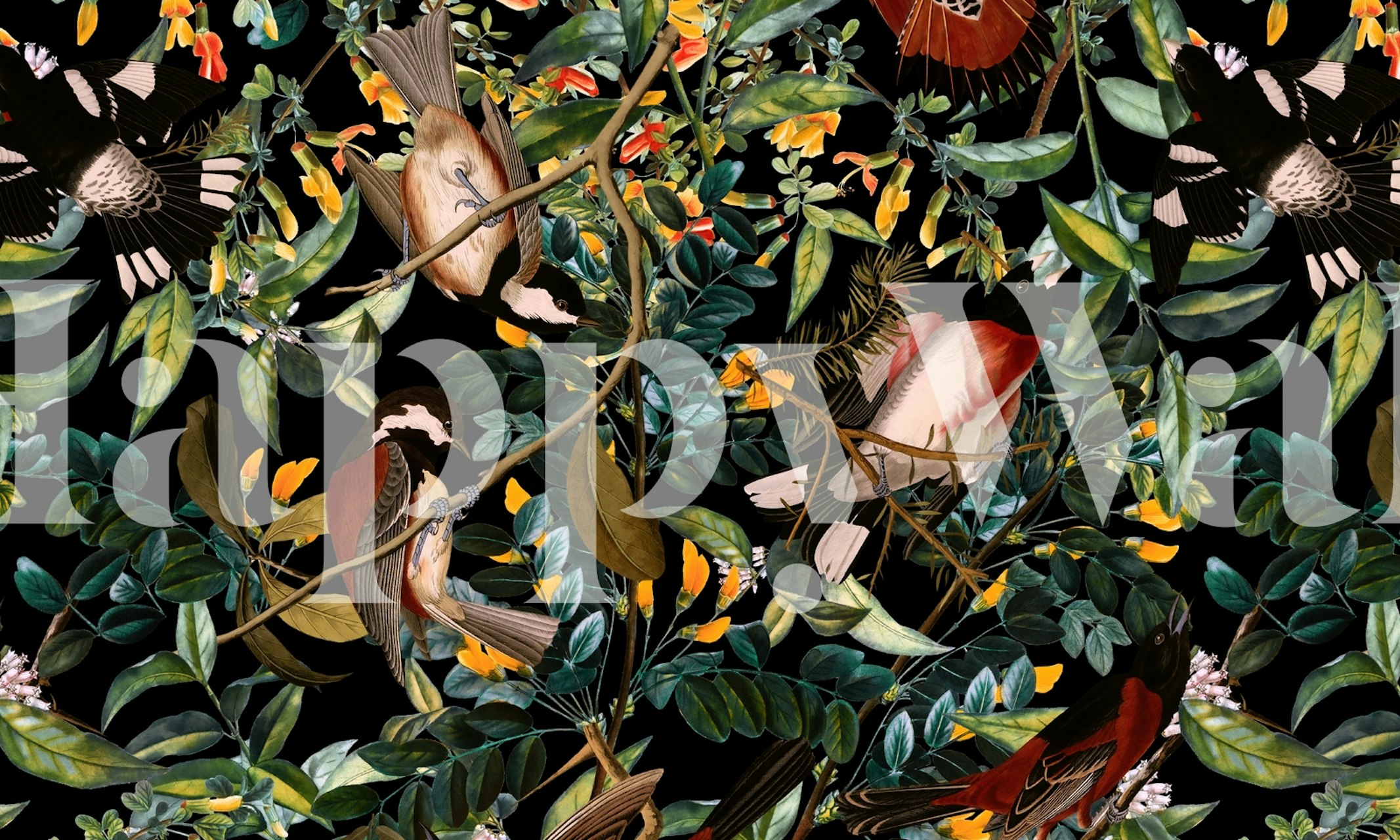 Floral and birds wallpaper design in a room