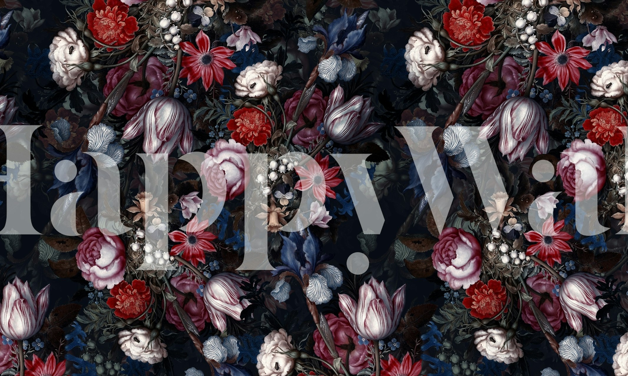 Dark floral wallpaper with roses and tulips in deep colors