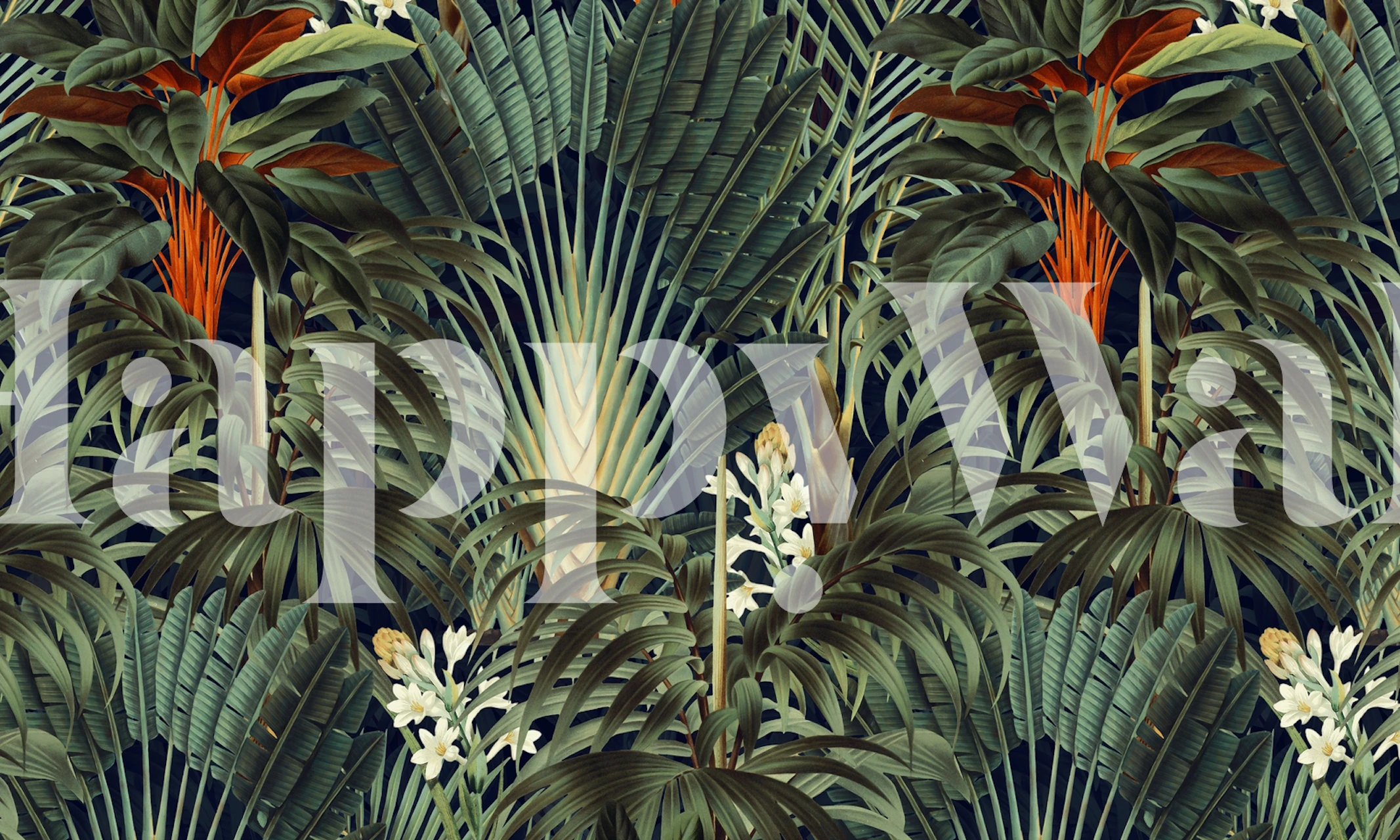 Tropical leaf wallpaper with green palm leaves and white flowers on a dark background