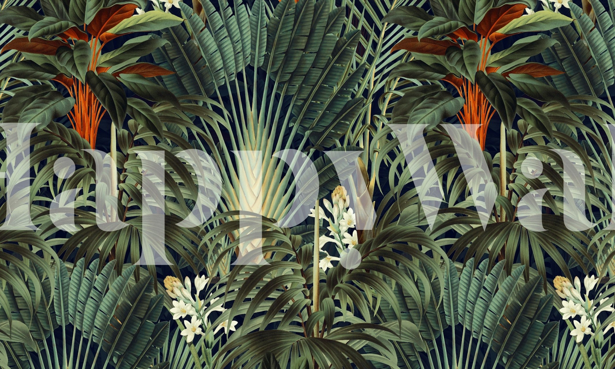 Tropical leaf wallpaper with green palm leaves and white flowers on a dark background