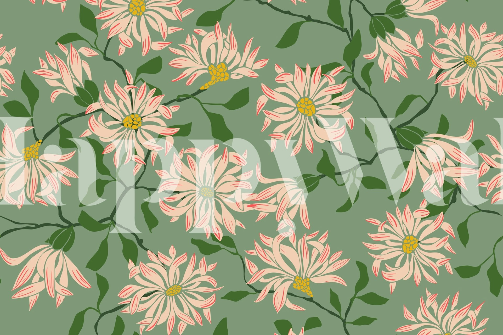 Pink and yellow flowers with green leaves on green background wallpaper