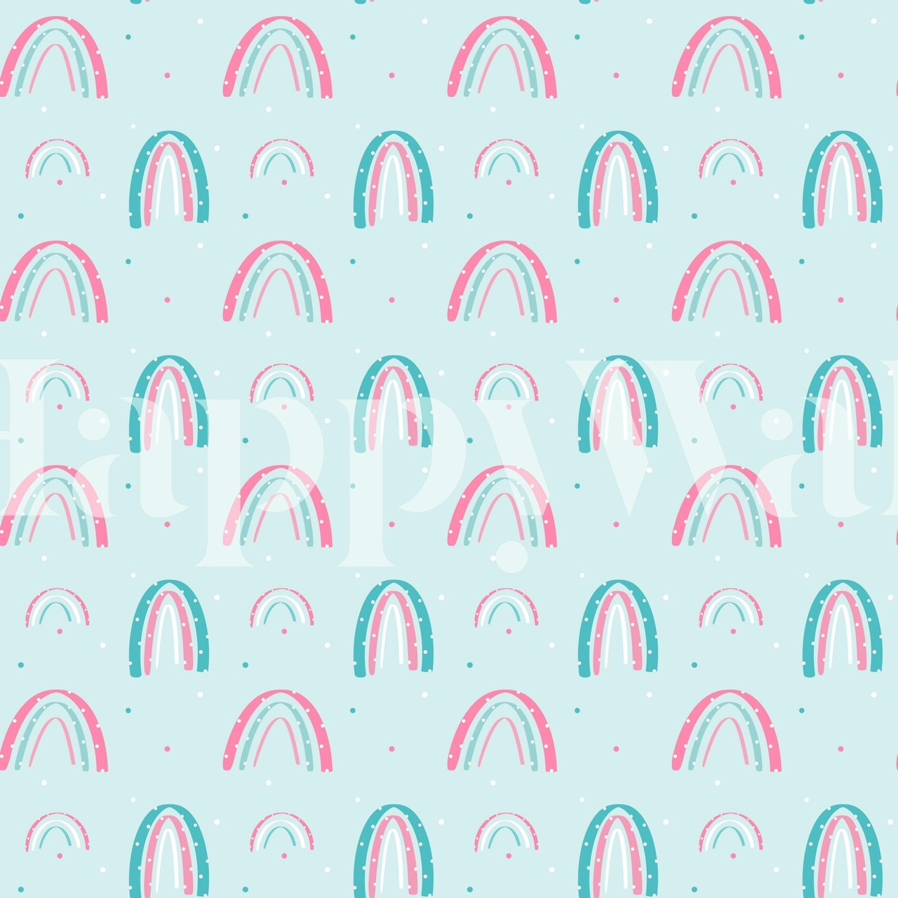 A pattern of pink and blue rainbows on a soft background for a wall mural.