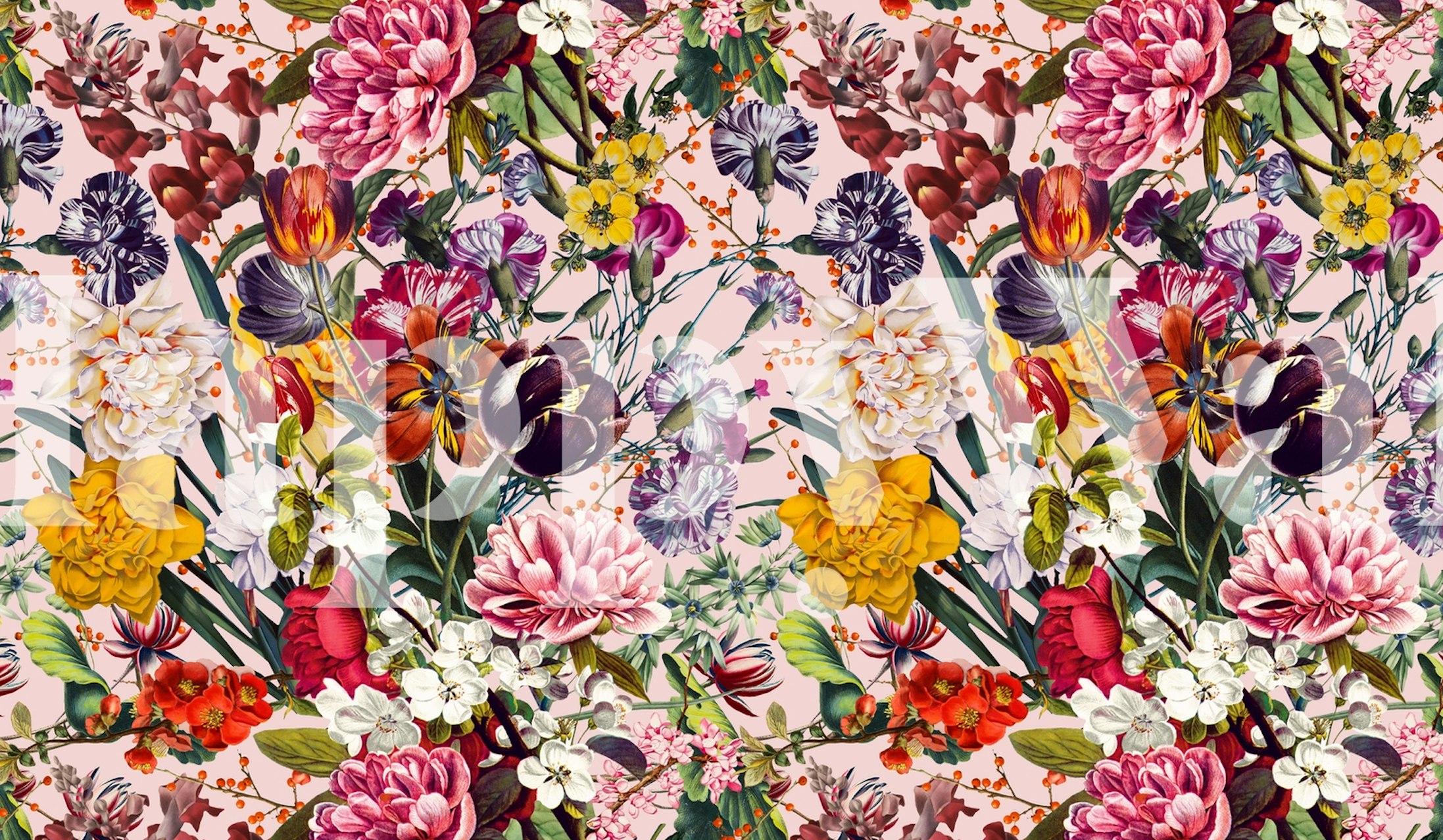 Colorful floral designs in pink, yellow, and purple wallpaper