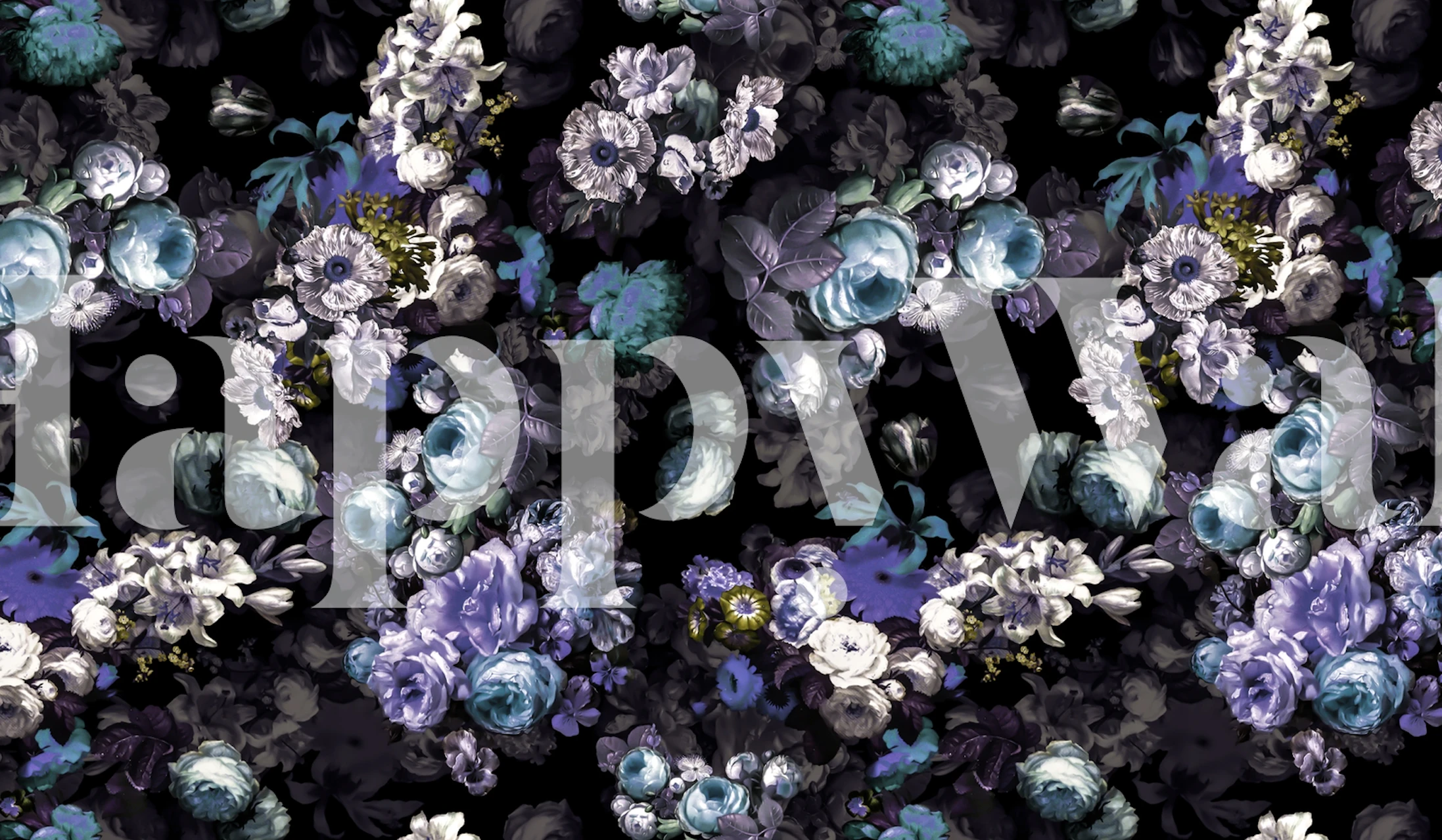 Abstract floral wall mural with dark background and vibrant blue and purple flowers