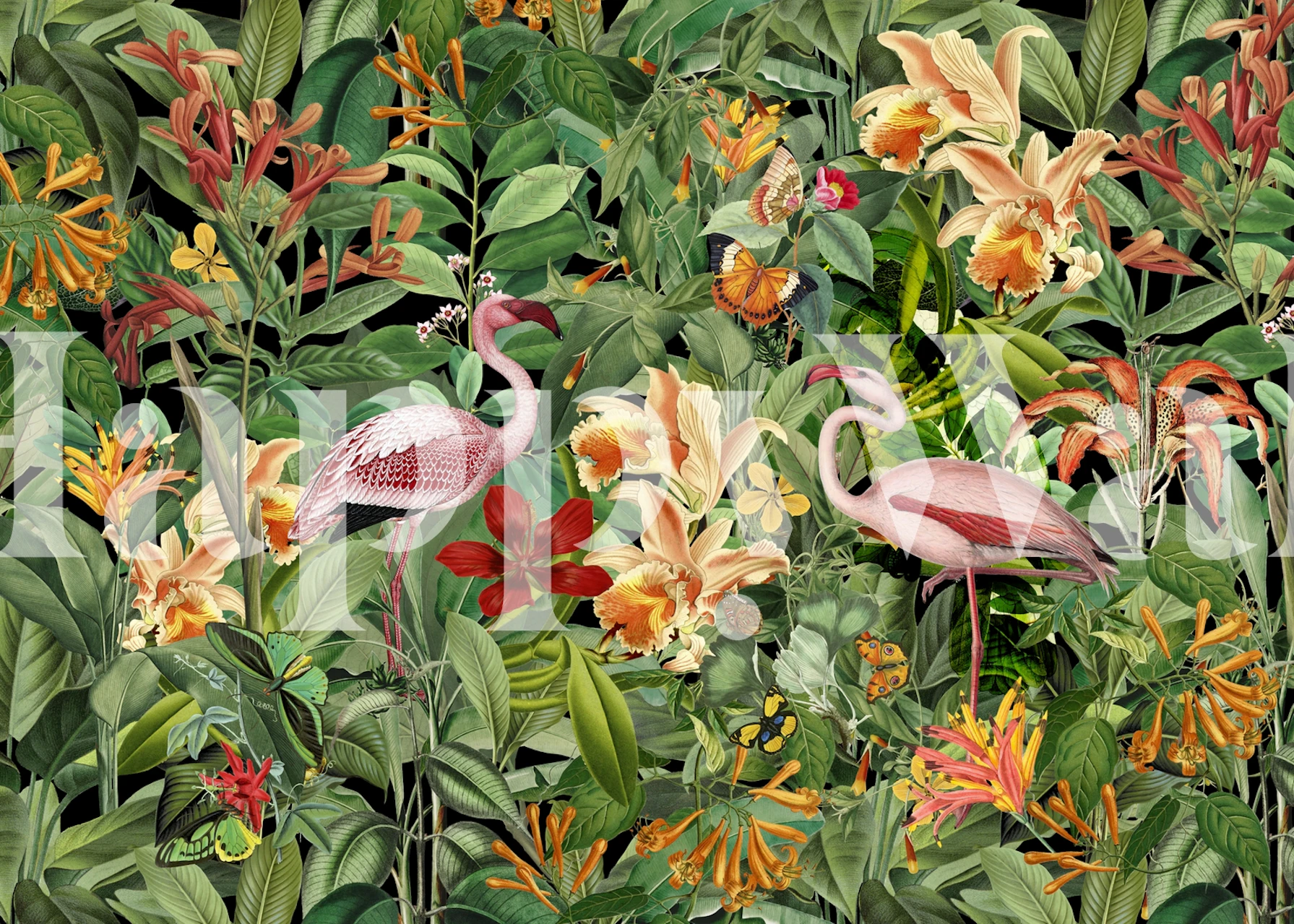 Tropical flamingo and floral jungle wallpaper with green leaves and vibrant colors