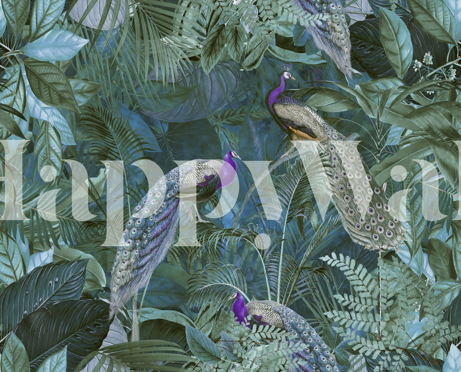 Mural de pared de selva tropical con pavos reales rodeados de un denso follaje verde y explosiones de flores violetas