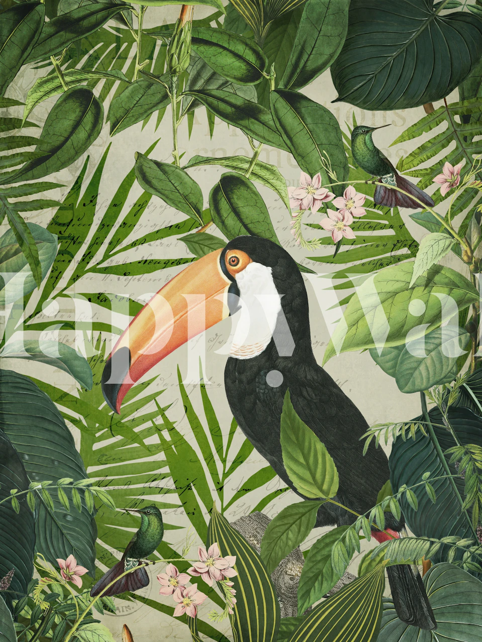 Toucan and jungle leaves illustration in green and yellow wallpaper