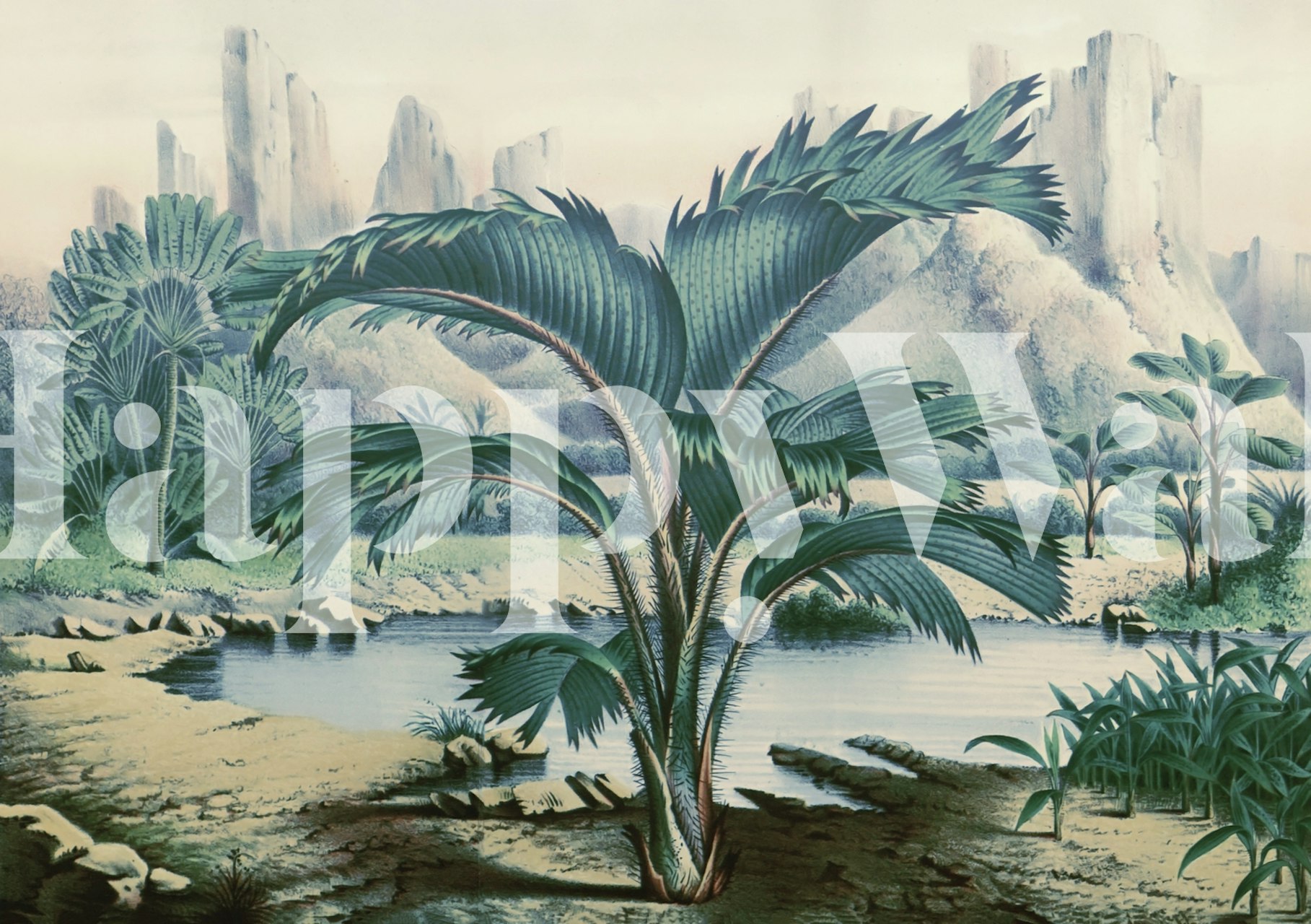 Tropska palma uz mirno jezero s lišćem iz džungle u pozadini