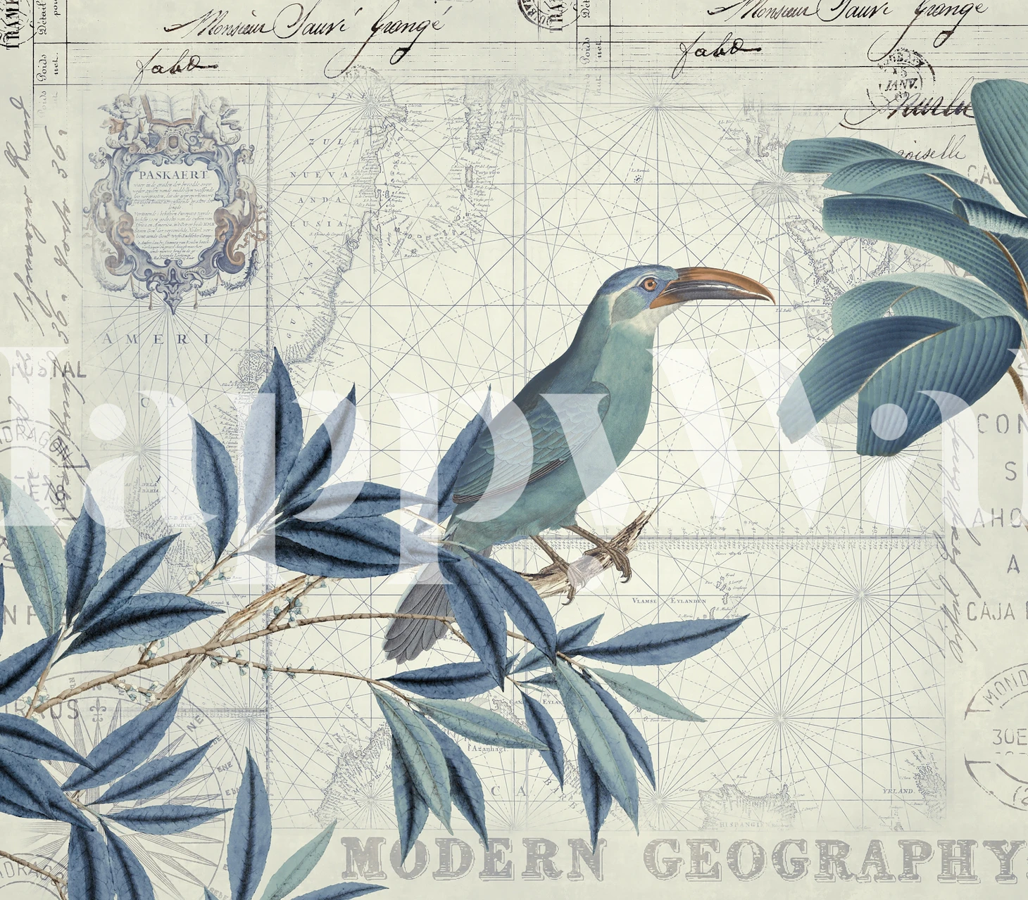 Blue birds perched on leafy branches with vintage map background wallpaper
