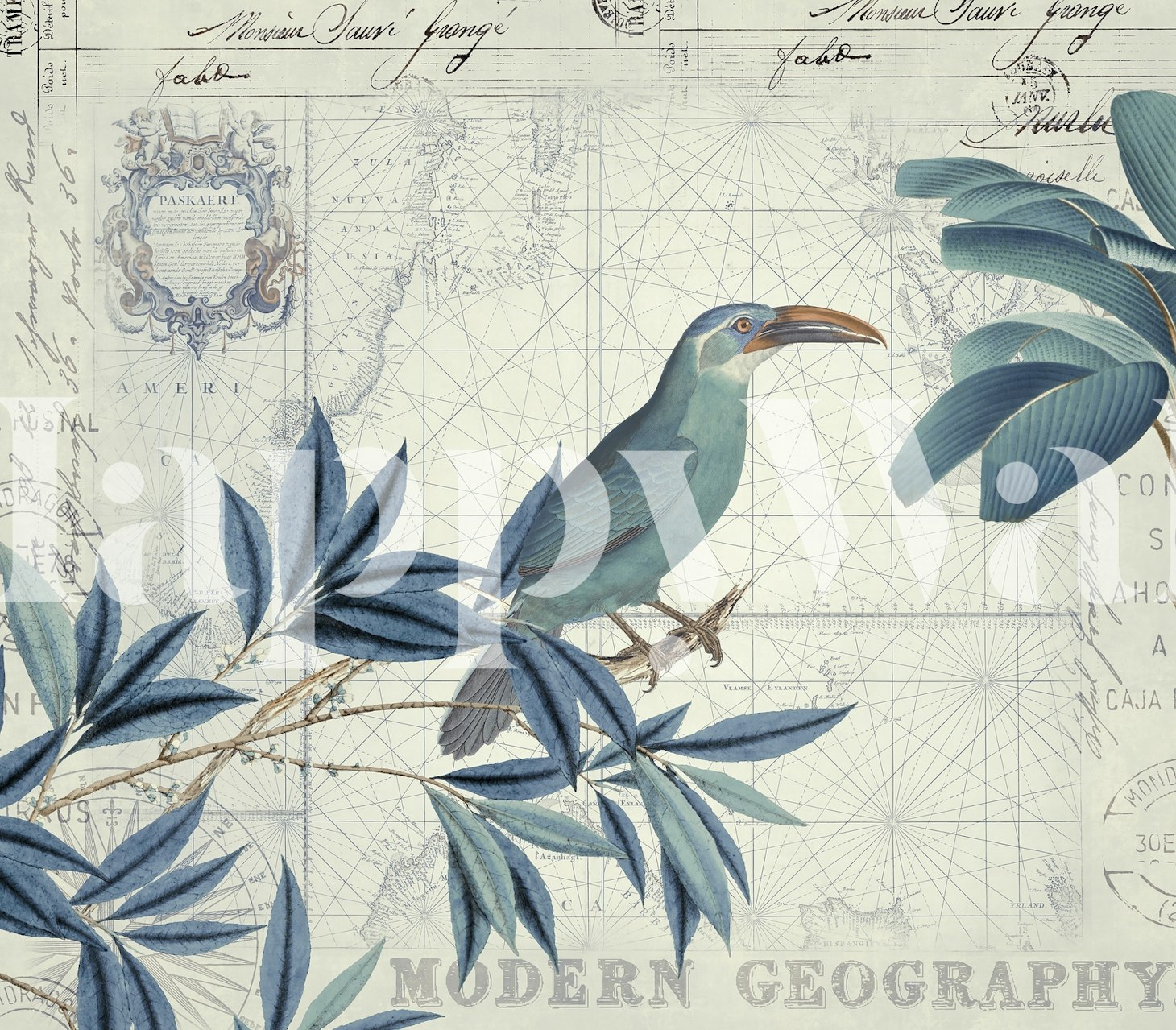 Blue birds perched on leafy branches with vintage map background wallpaper
