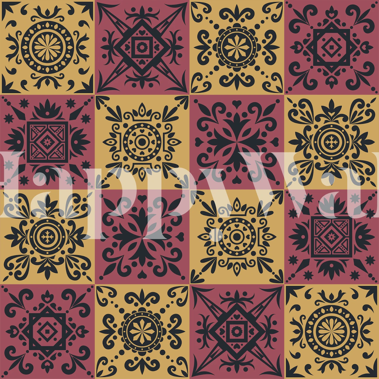 Talavera Mustard Marsala Black Wandbild mit komplizierten Designs und einer warmen Farbpalette