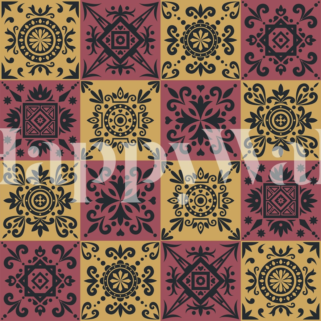 Talavera Mustard Marsala Black wall mural featuring intricate designs and a warm color palette
