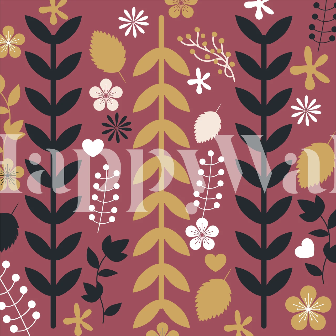 Abstract botanical patterned wall mural in wine, mustard, and black colors