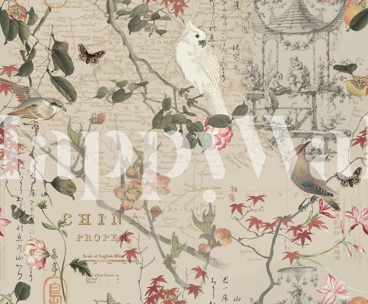 Chinoiserie flower wallpaper with cockatoo and floral designs in soft colors