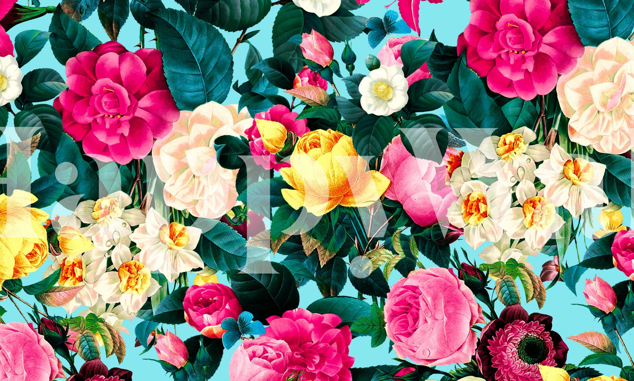 Vintage kukkainen seinämaalaus, jossa vaaleanpunaisia ja keltaisia ruusuja ja vehreää