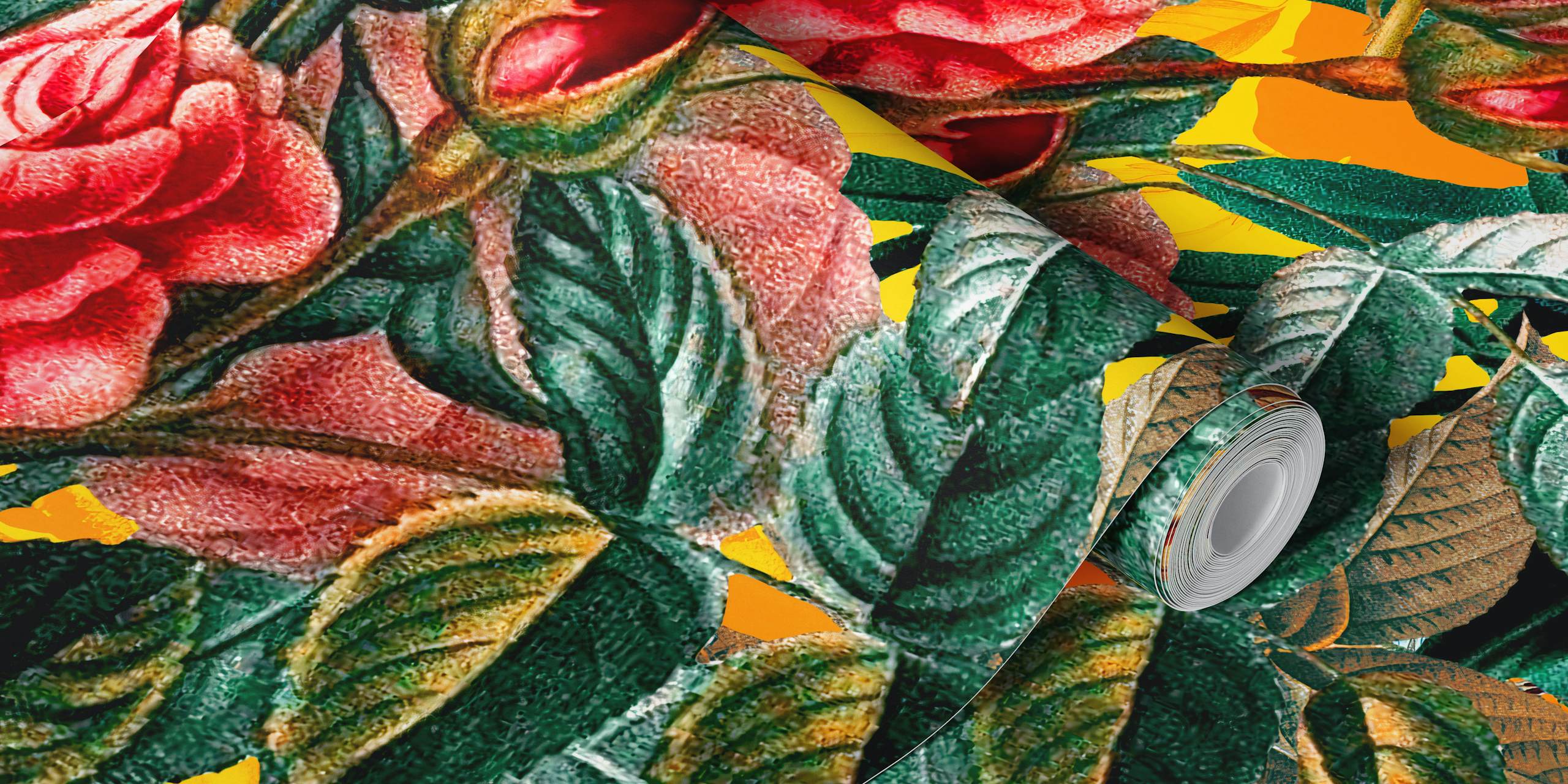 Colorful floral pattern with pink, red, and white flowers against a yellow background wallpaper