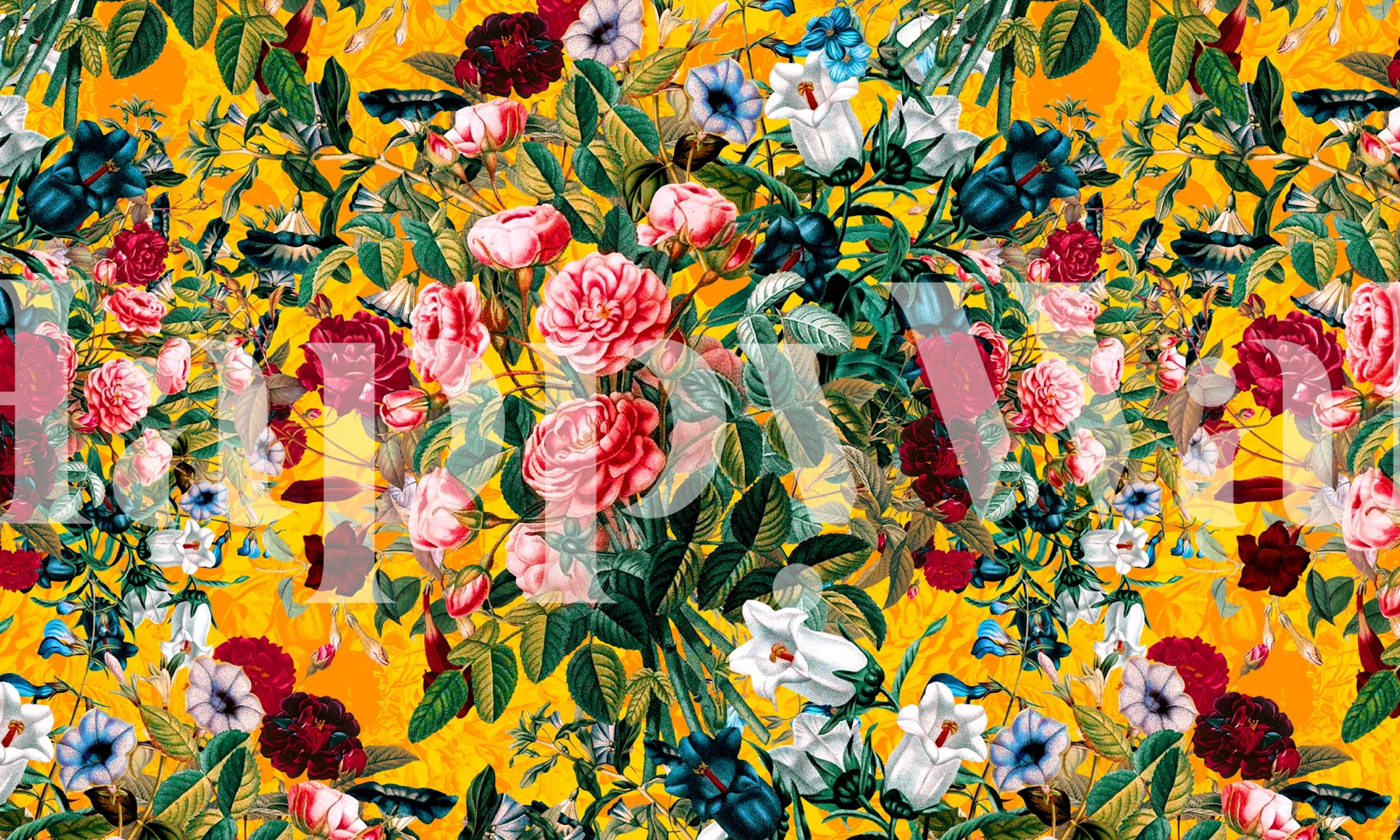 Colorful floral pattern with pink, red, and white flowers against a yellow background wallpaper