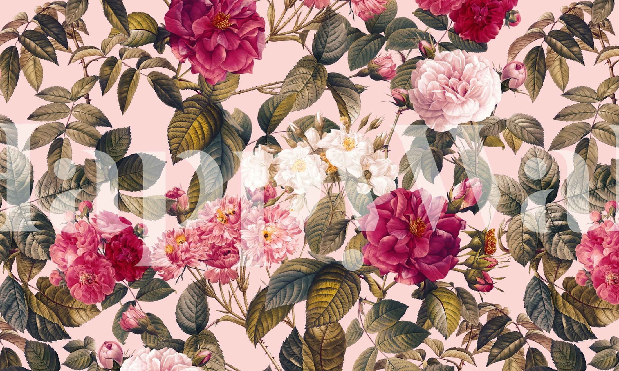Pink floral bouquet wallpaper with lush green leaves