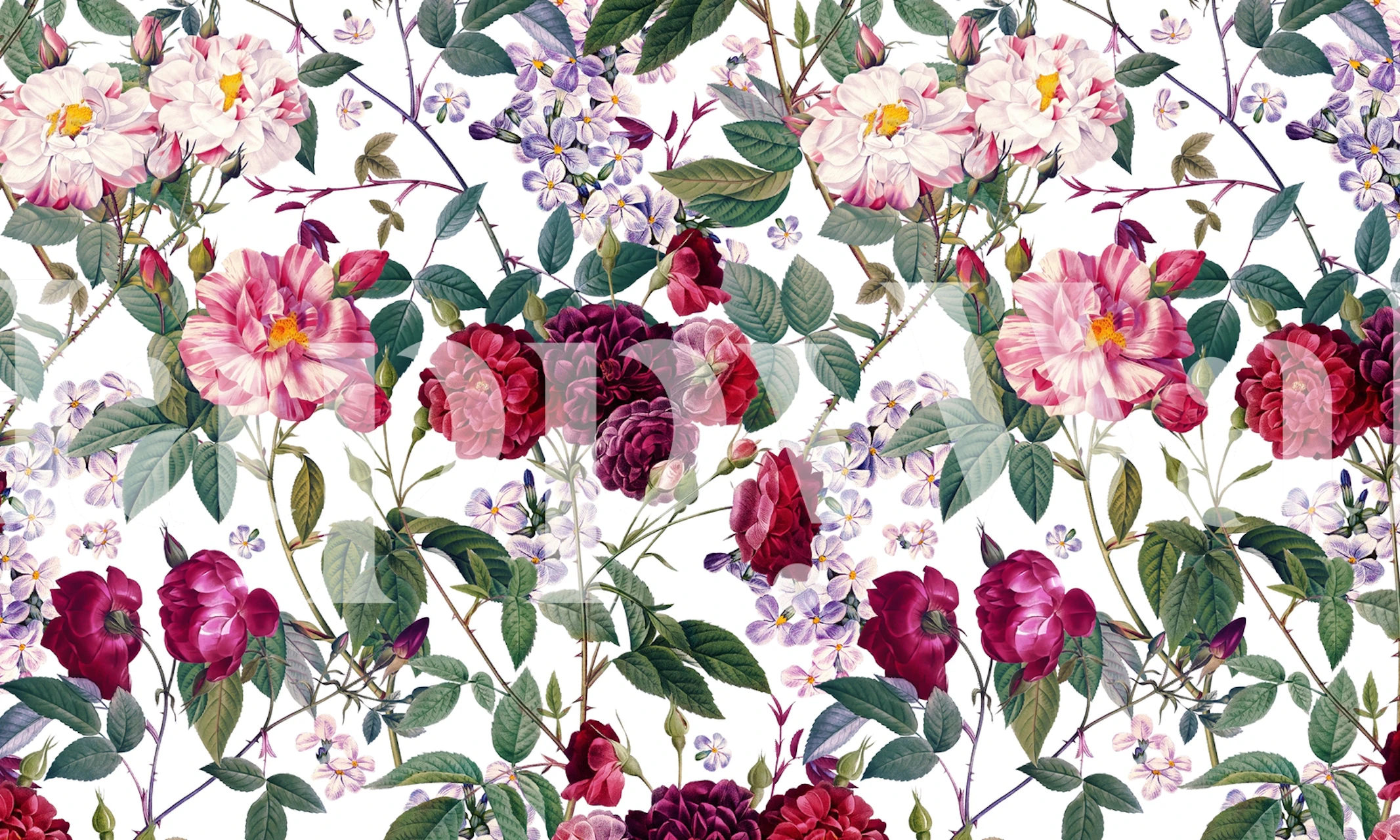 Floral wallpaper featuring a rose garden design