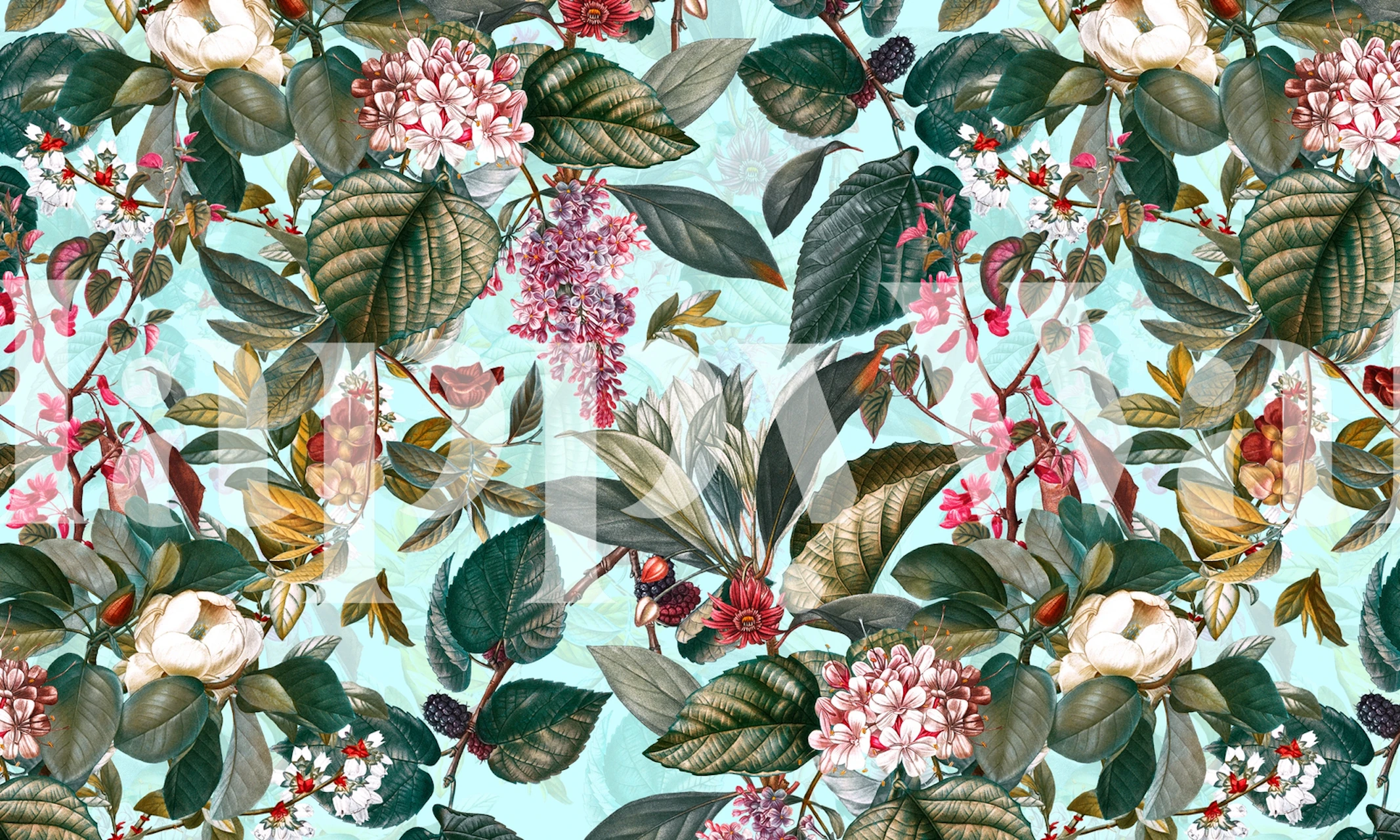 Colorful floral and leaf pattern in green, pink, and blue wallpaper.