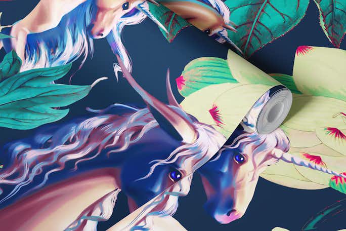 Unicorn and Floral Patternwallpaper roll