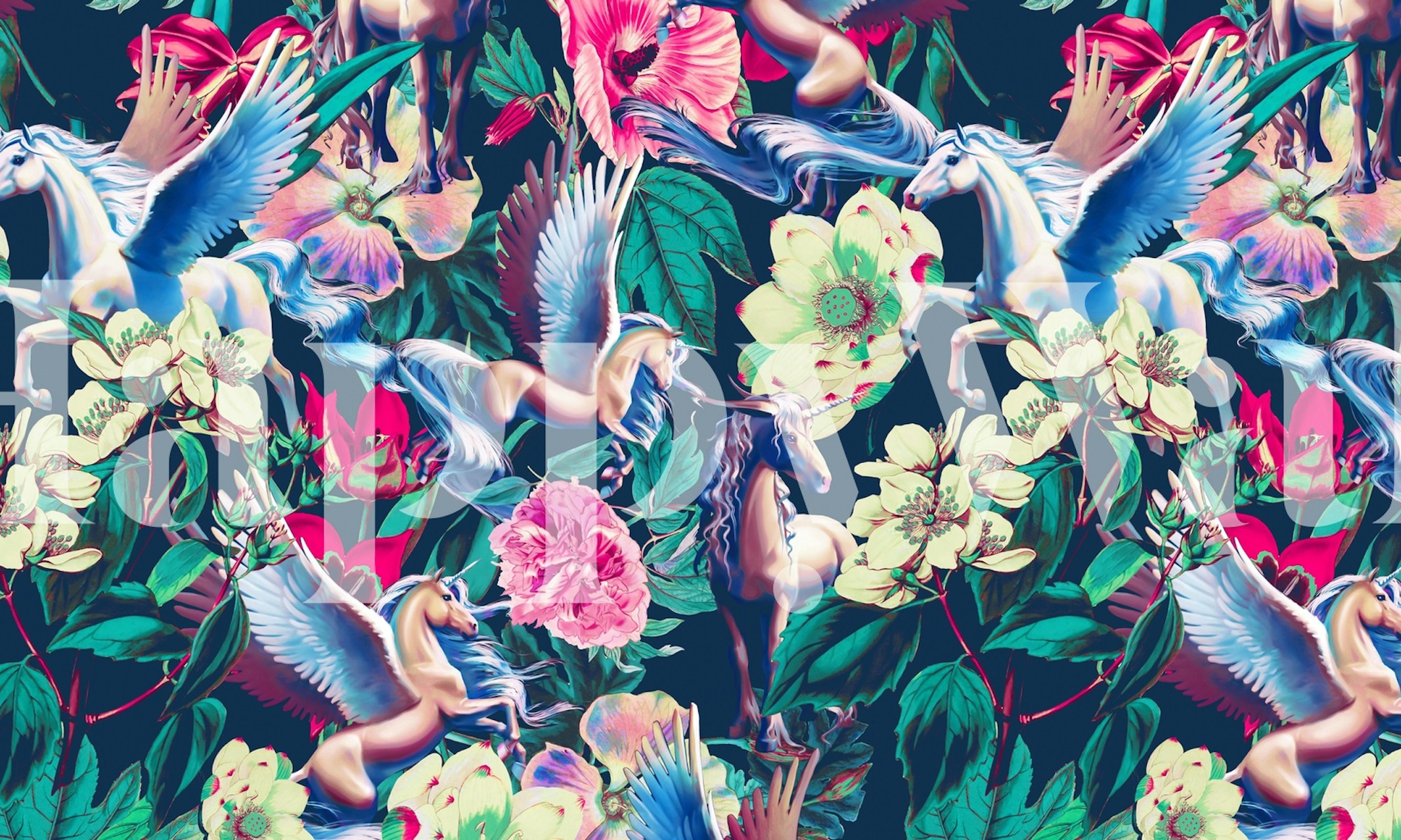 Unicorn wall mural with lush floral pattern in vibrant colors