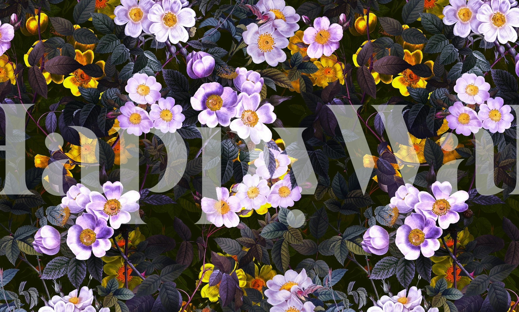 Dark floral patterned Midnight Forest IV wall mural with purple and yellow flowers