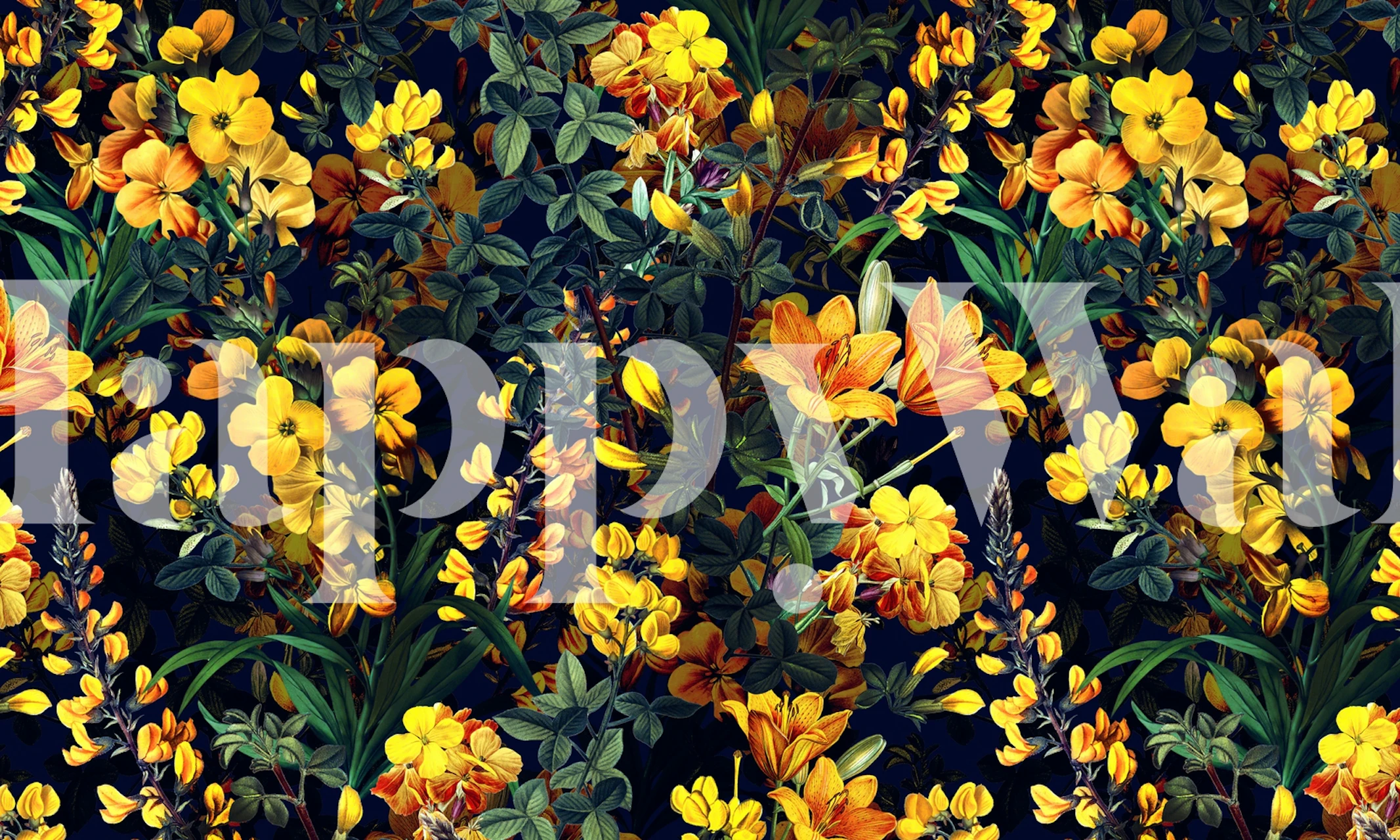 Colorful floral pattern with yellow and green flowers on a dark background wallpaper