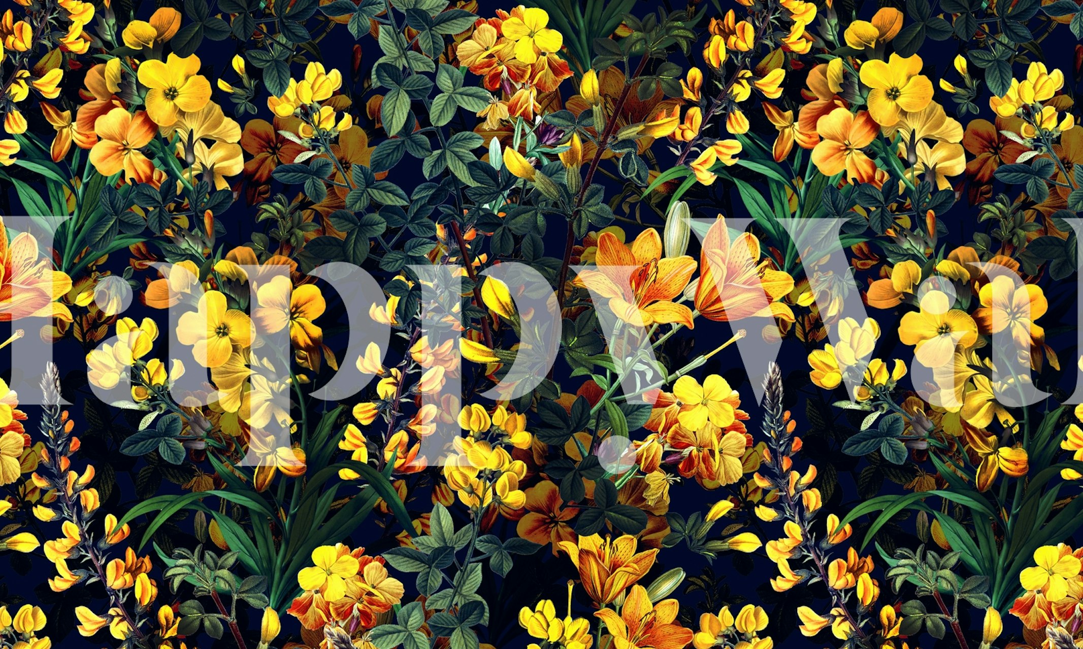 Colorful floral pattern with yellow and green flowers on a dark background wallpaper